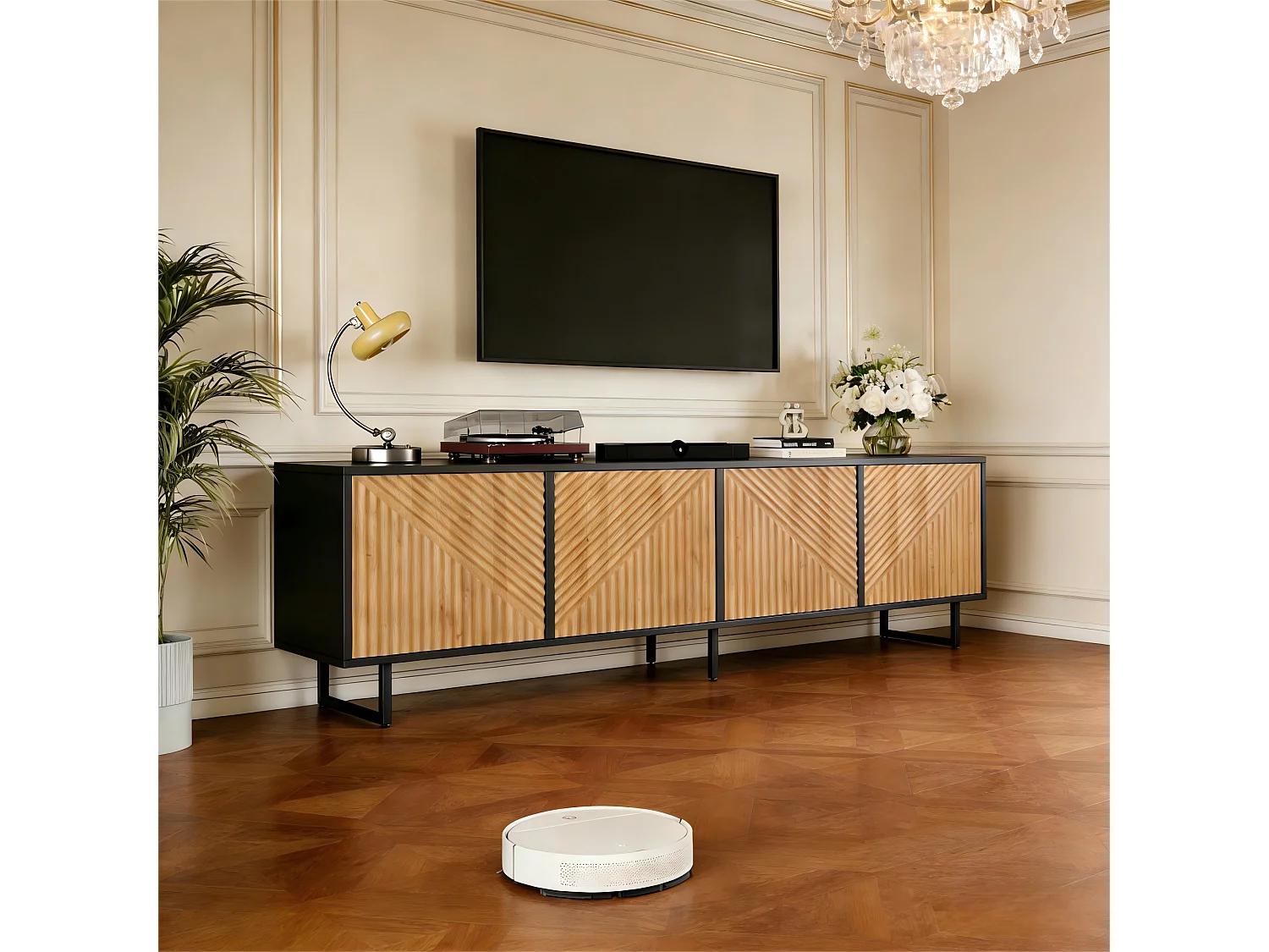 TV Stand 180x40x50 cm - 4 doors - for TVs up to 80 inches - metal legs - natural + black