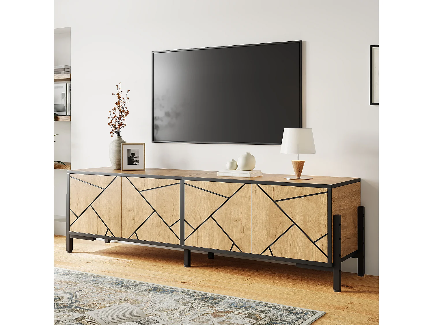 TV Stand 153x40x50 cm - 4 Doors - Fits TVs up to 65 inches - Sturdy Legs - MDF - Natural
