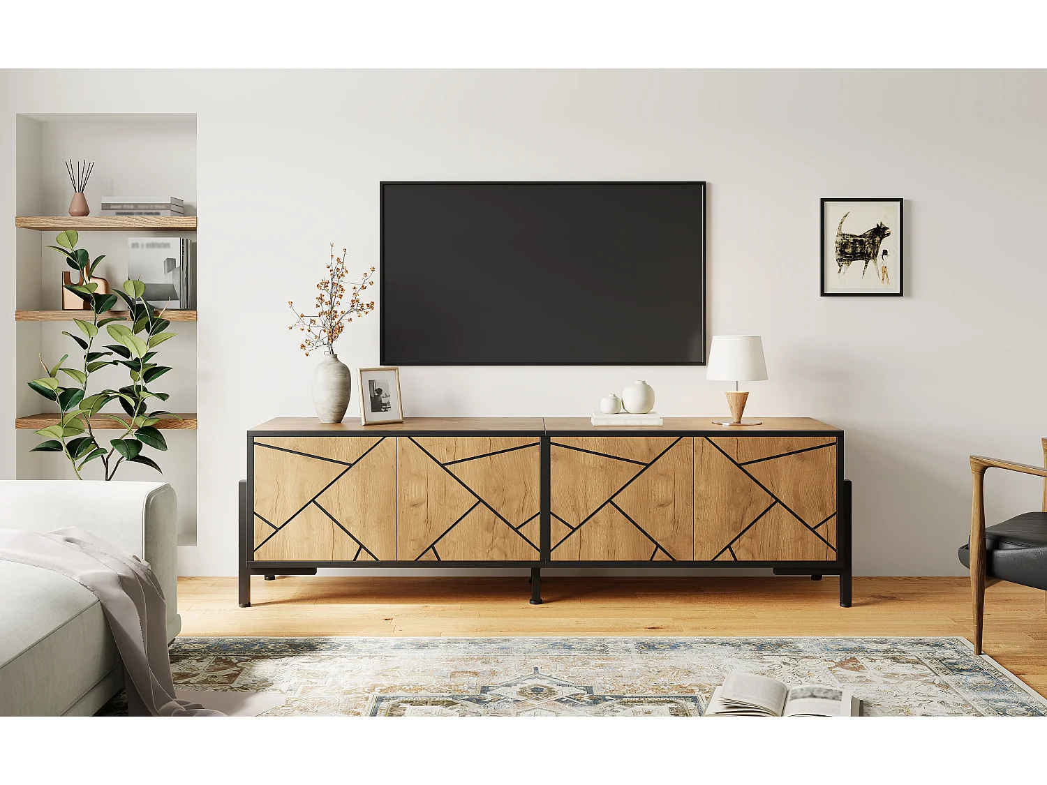 TV Stand 153x40x50 cm - 4 Doors - Fits TVs up to 65 inches - Sturdy Legs - MDF - Natural