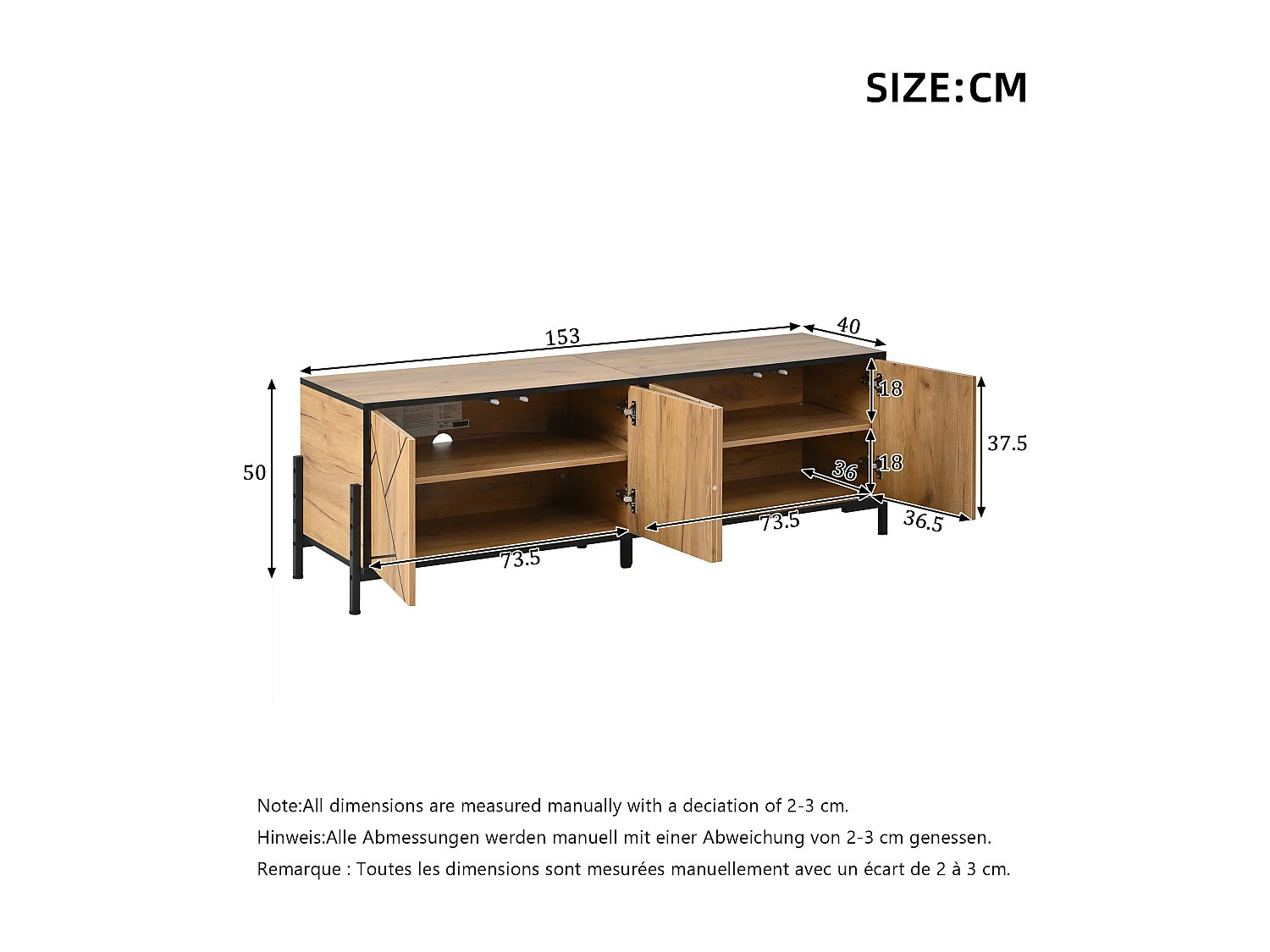 TV Stand 153x40x50 cm - 4 Doors - Fits TVs up to 65 inches - Sturdy Legs - MDF - Natural