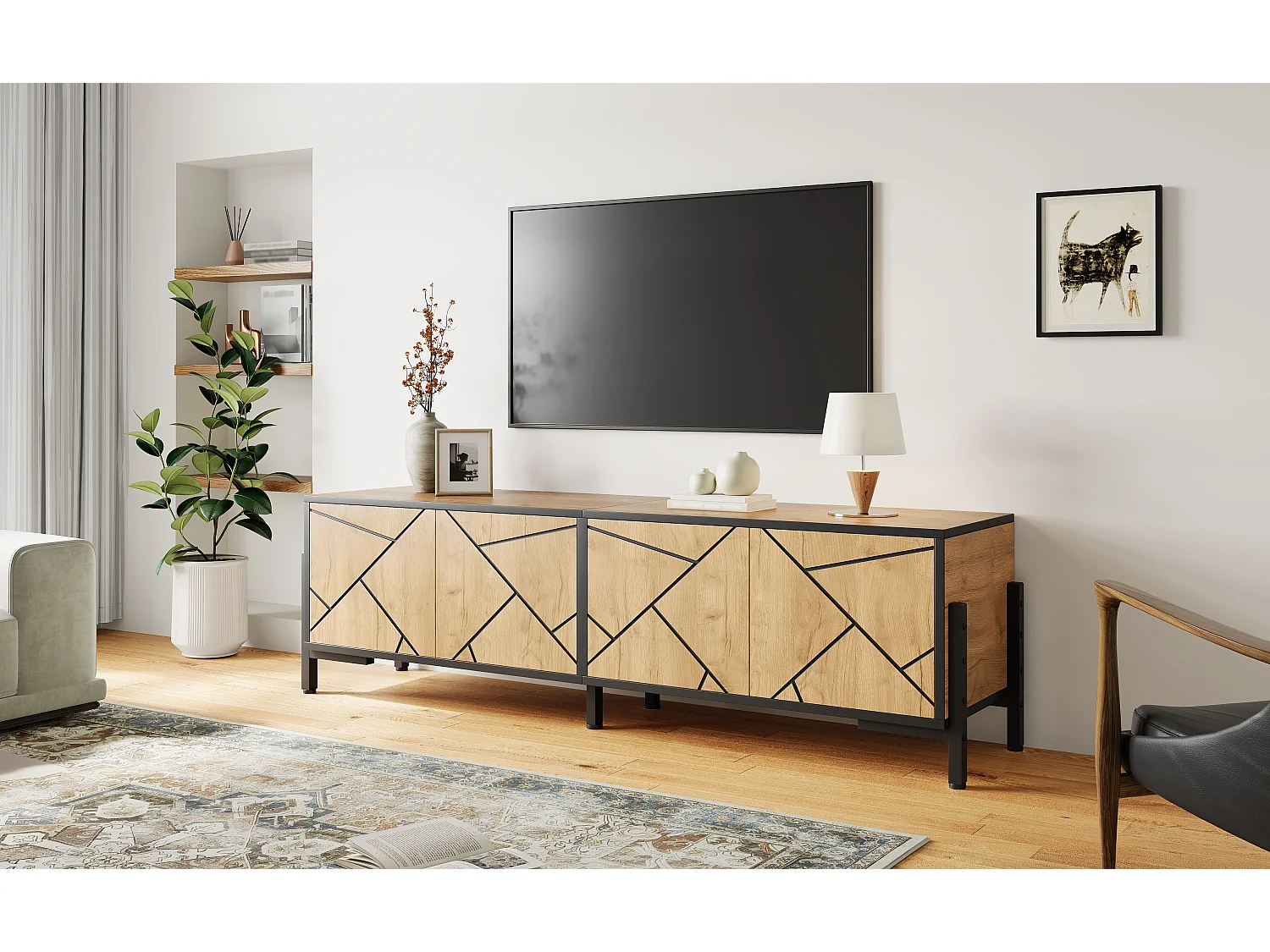 TV Stand 153x40x50 cm - 4 Doors - Fits TVs up to 65 inches - Sturdy Legs - MDF - Natural