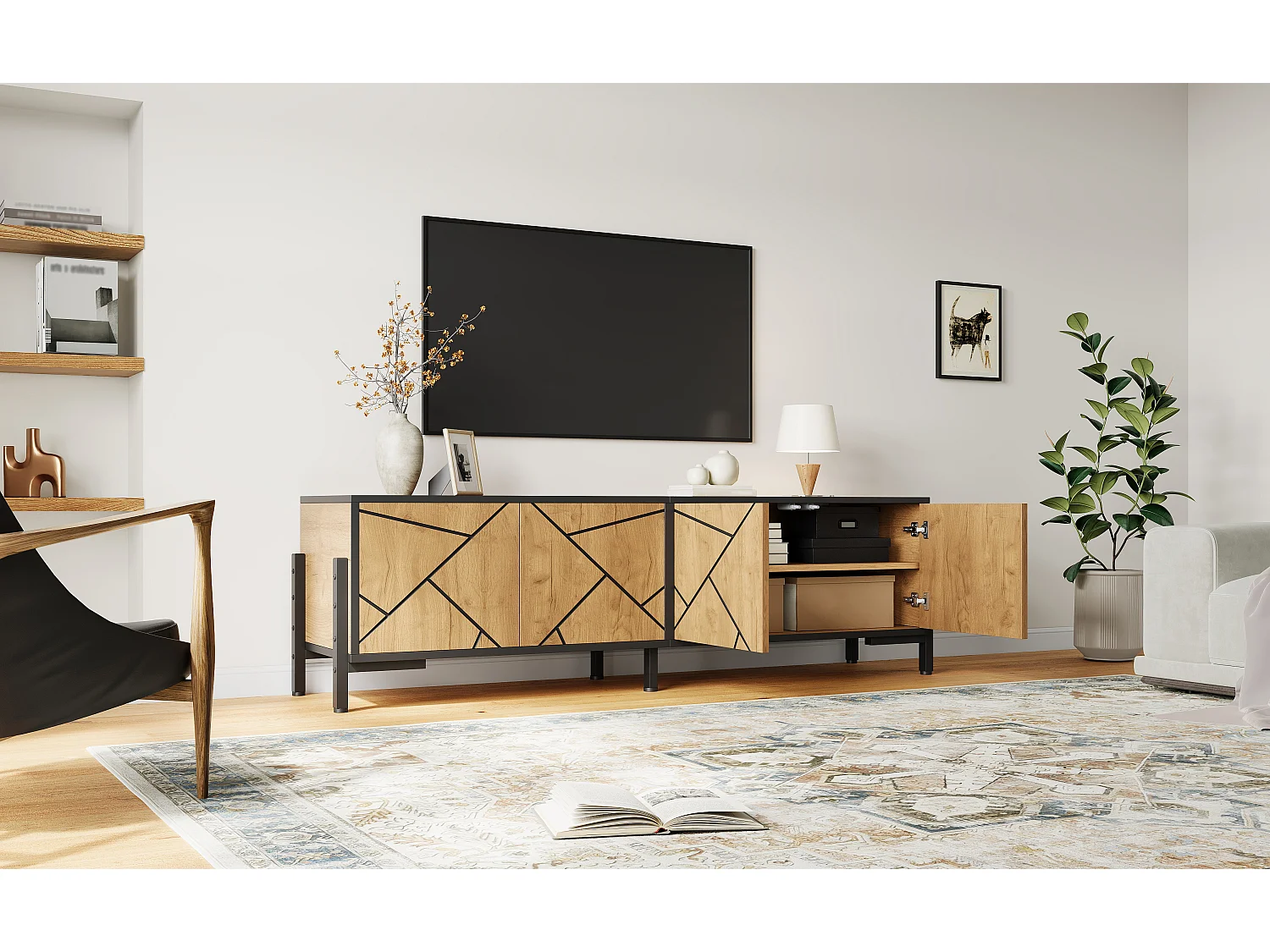 TV Stand 153x40x50 cm - 4 Doors - Fits TVs up to 65 inches - Sturdy Legs - MDF - Natural