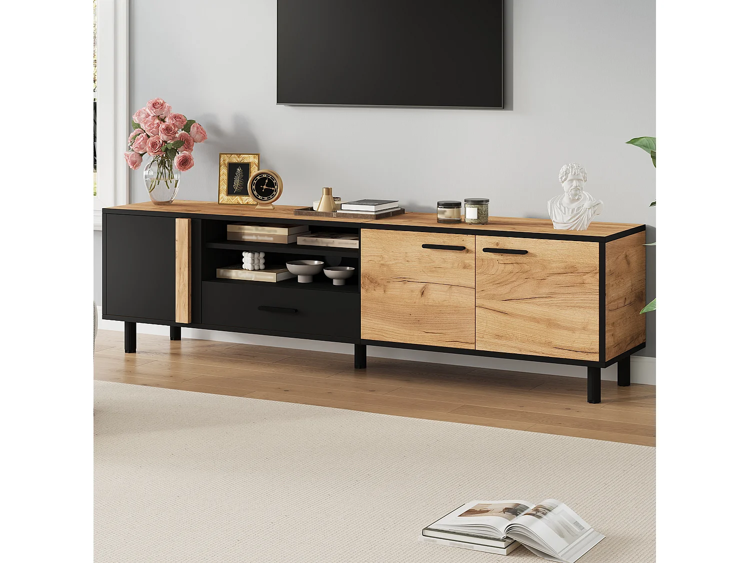 TV Stand 180x32.5x50 cm - 3 Doors and 1 Drawer - Semi-Open Storage - Particleboard - Black and Natural