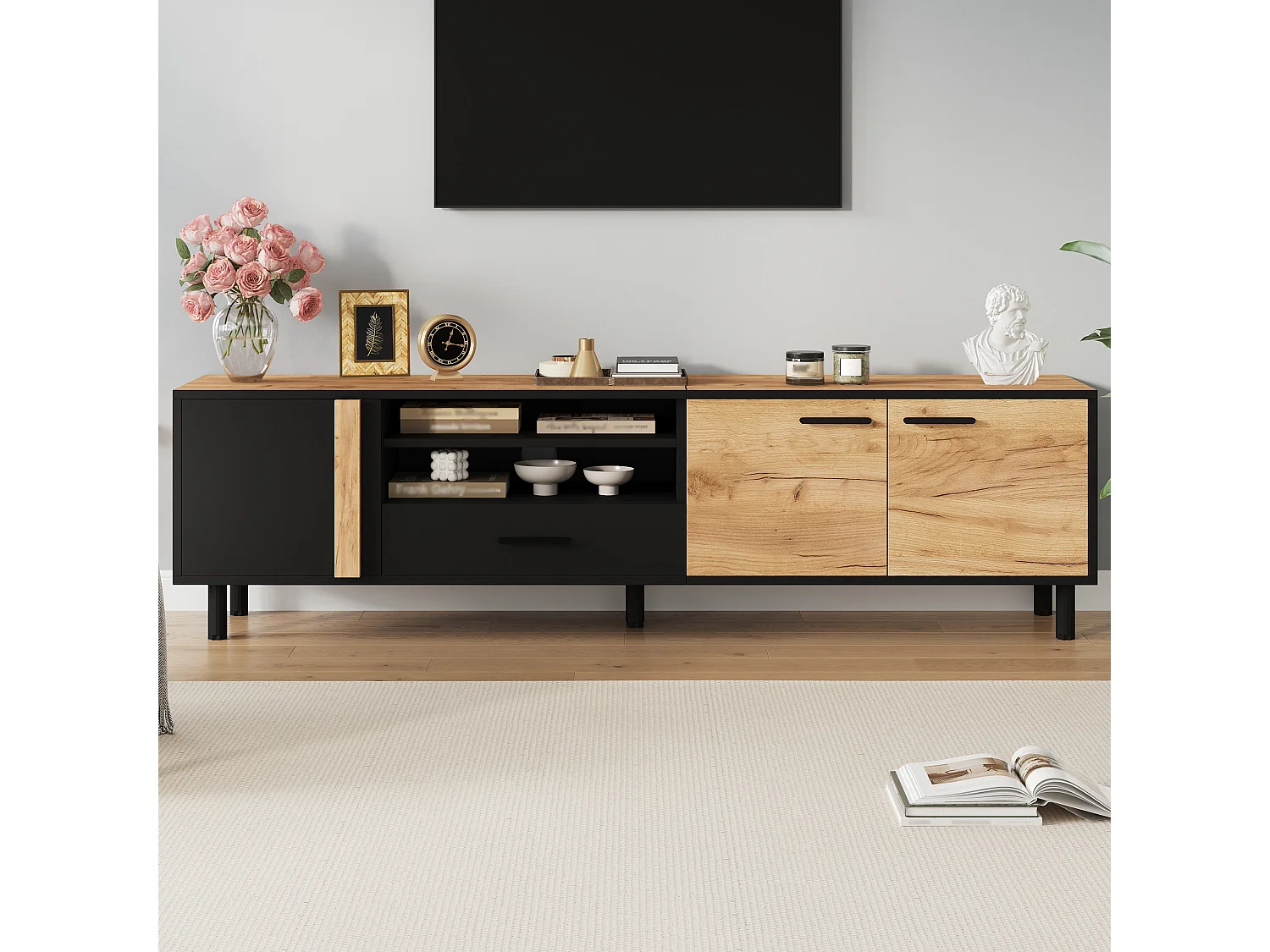 TV Stand 180x32.5x50 cm - 3 Doors and 1 Drawer - Semi-Open Storage - Particleboard - Black and Natural