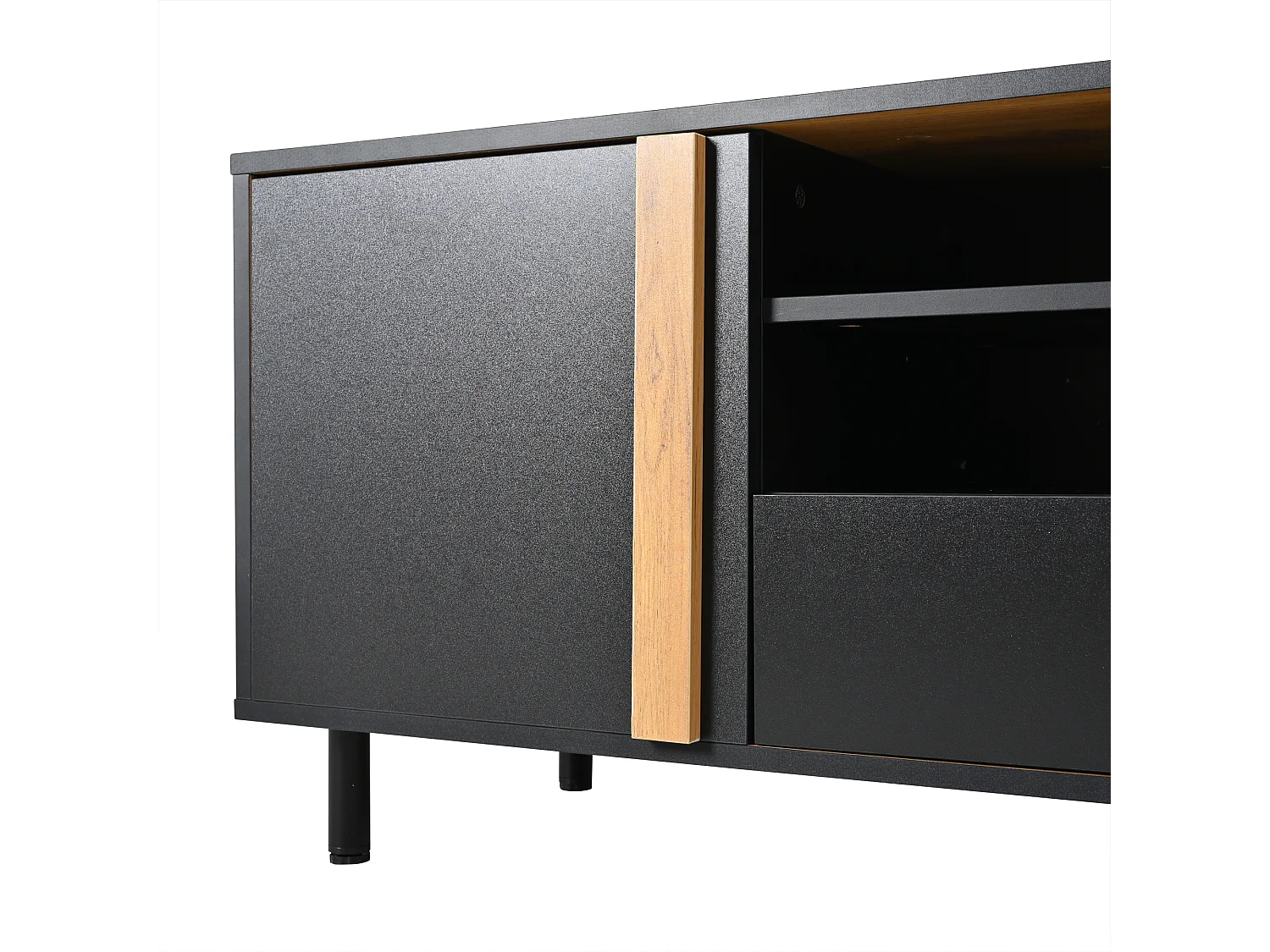 TV Stand 180x32.5x50 cm - 3 Doors and 1 Drawer - Semi-Open Storage - Particleboard - Black and Natural