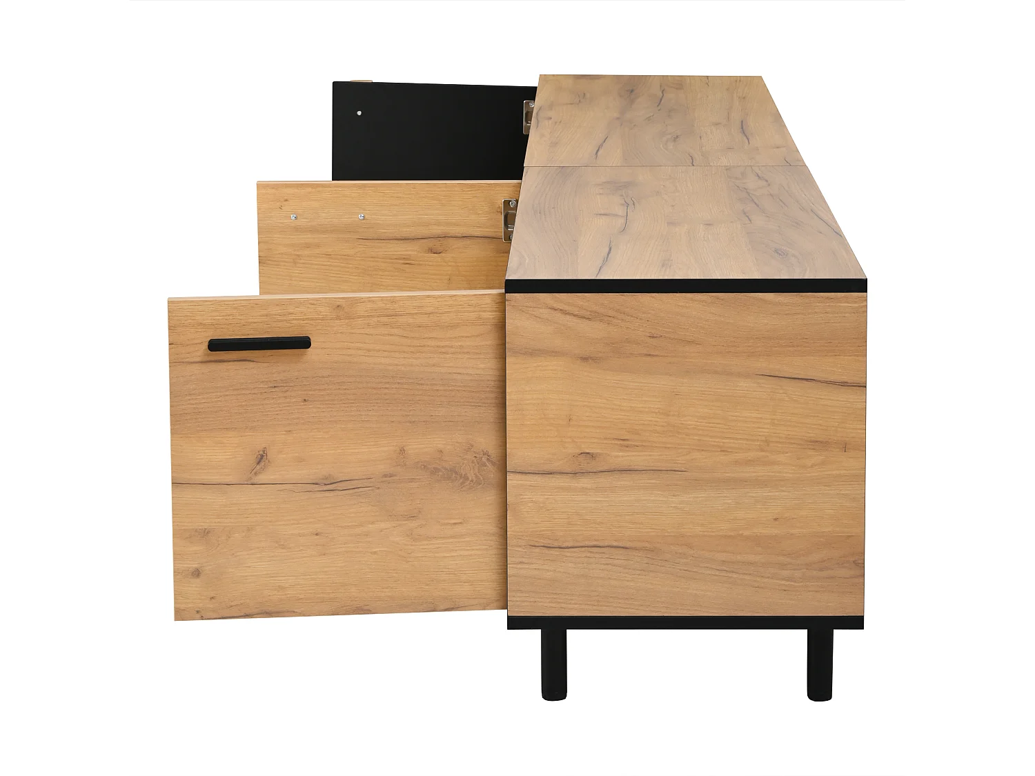 TV Stand 180x32.5x50 cm - 3 Doors and 1 Drawer - Semi-Open Storage - Particleboard - Black and Natural