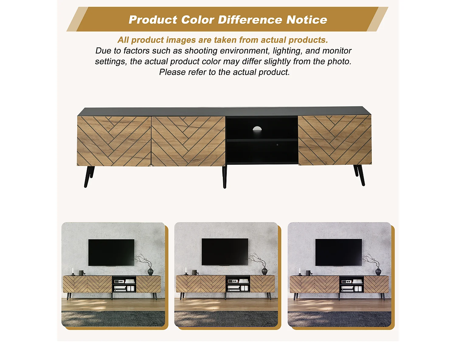 Modern TV stand 180x33.5x45 cm - 3 drop-down doors - particle boards - natural and black finish