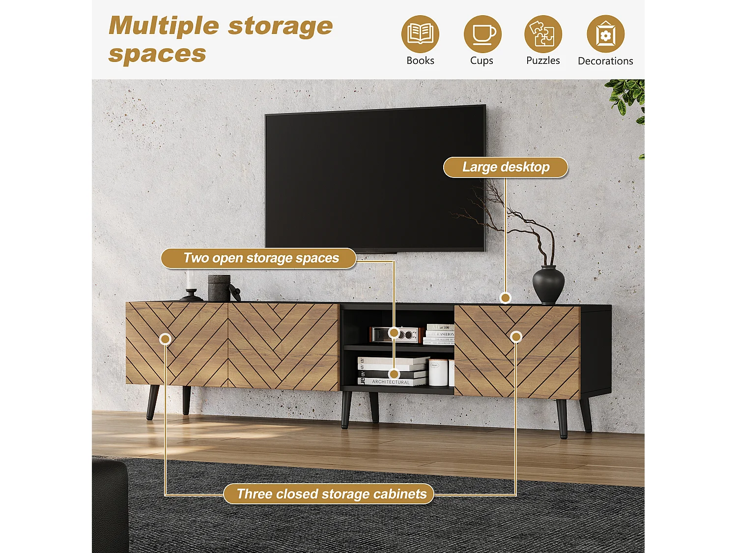 Modern TV stand 180x33.5x45 cm - 3 drop-down doors - particle boards - natural and black finish