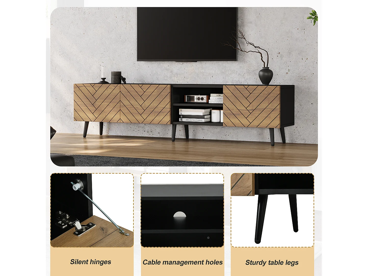 Modern TV stand 180x33.5x45 cm - 3 drop-down doors - particle boards - natural and black finish