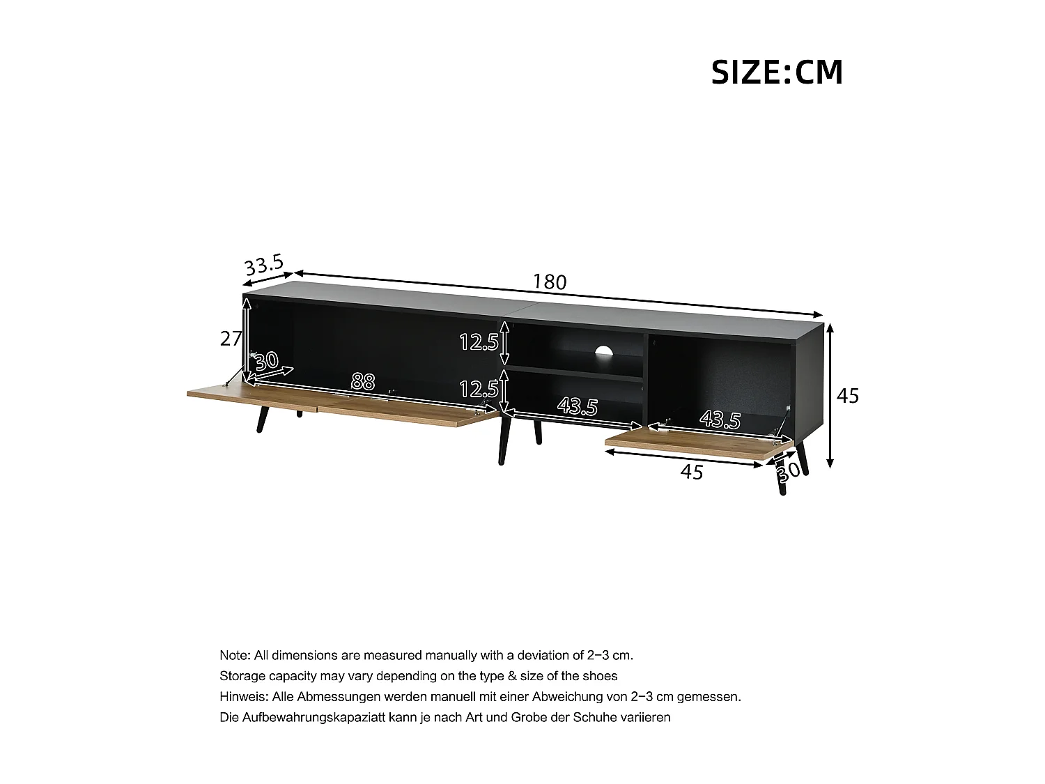 Modern TV stand 180x33.5x45 cm - 3 drop-down doors - particle boards - natural and black finish