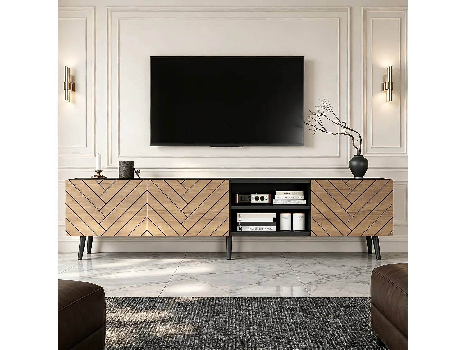 Modern TV stand 180x33.5x45 cm - 3 drop-down doors - particle boards - natural and black finish