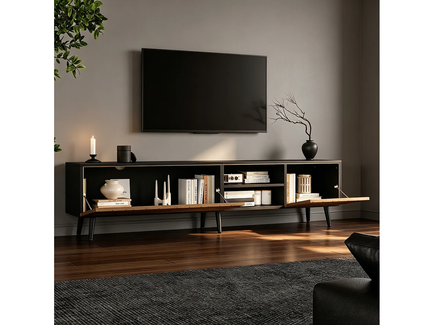 Modern TV stand 180x33.5x45 cm - 3 drop-down doors - particle boards - natural and black finish