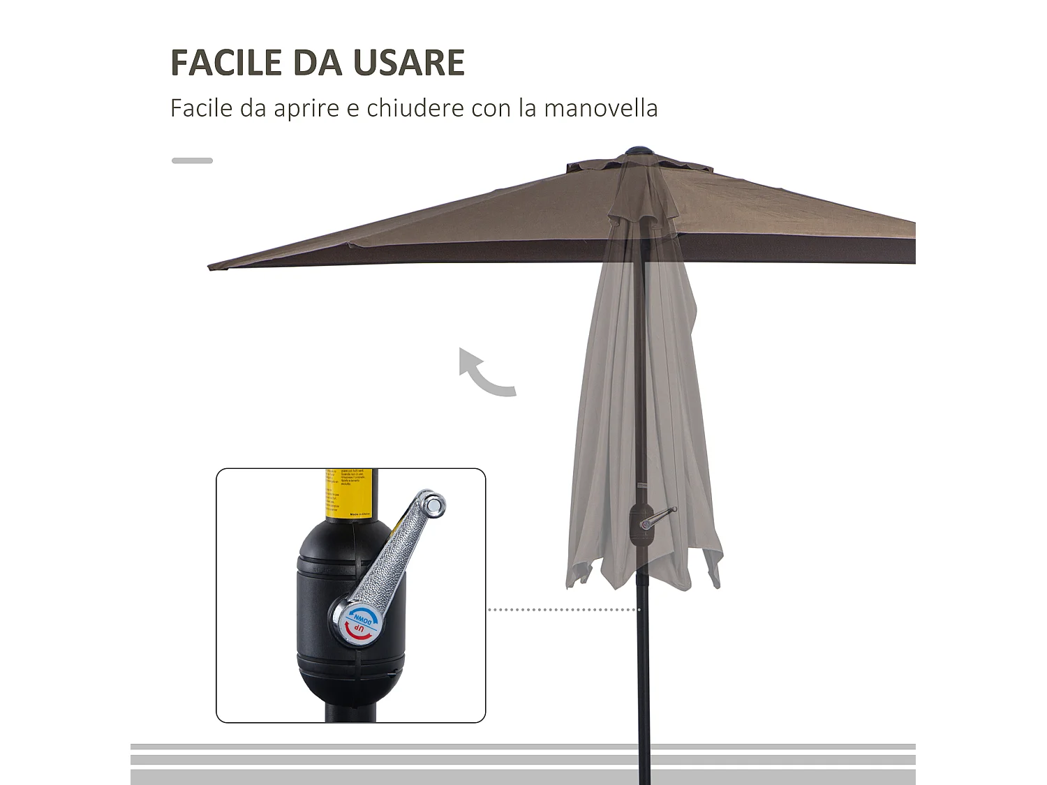 Ombrellone mezzaluna da parete con apertura a manovella caffè