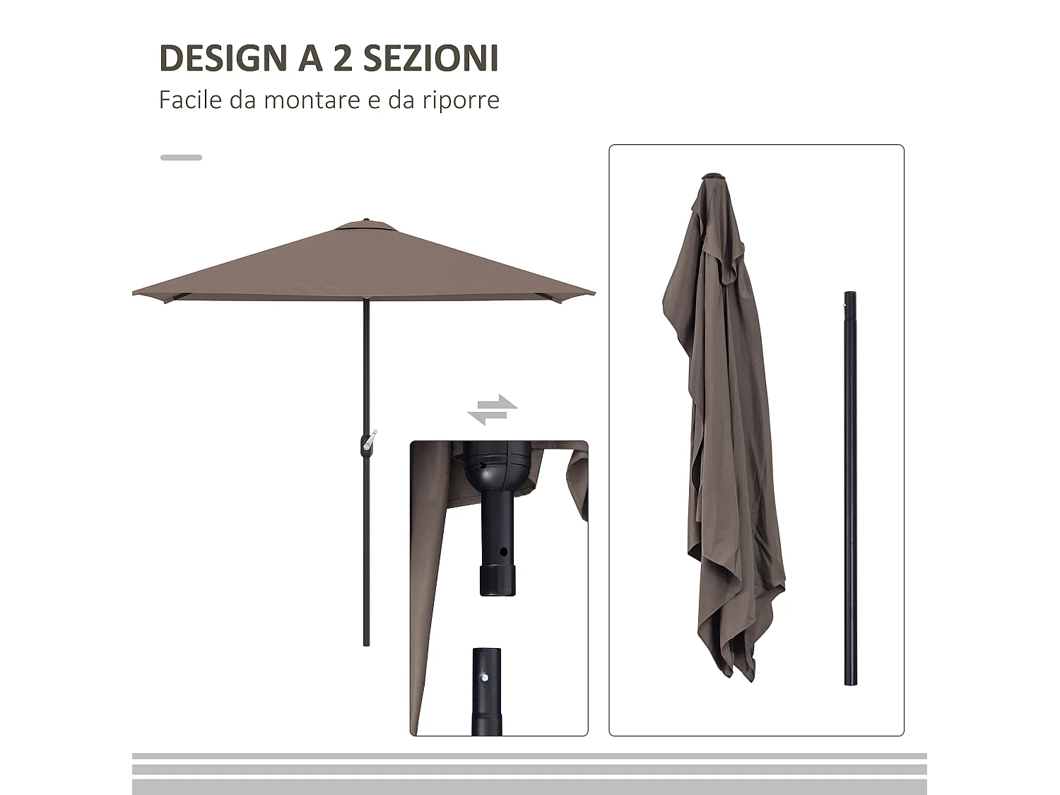 Ombrellone mezzaluna da parete con apertura a manovella caffè