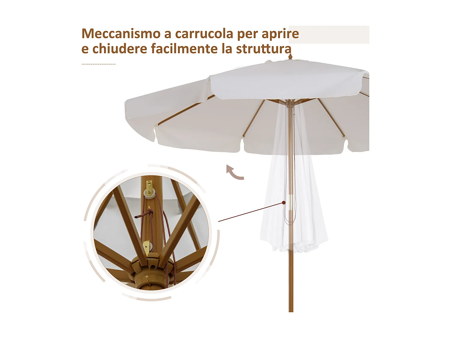 Ombrellone da giardino a 8 stecche in bambù e poliestere crema