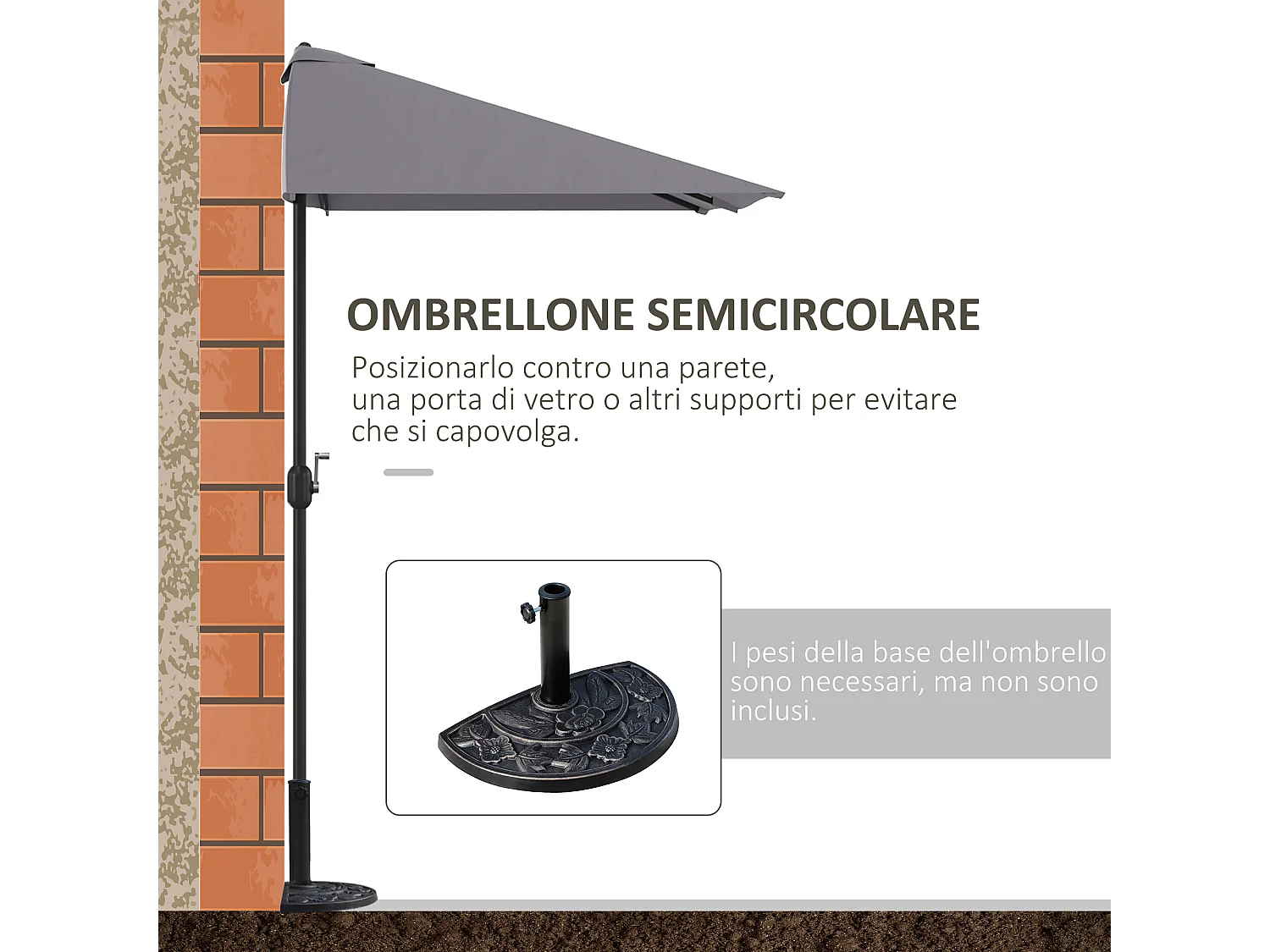 Ombrellone mezzaluna da parete con apertura a manovella grigio