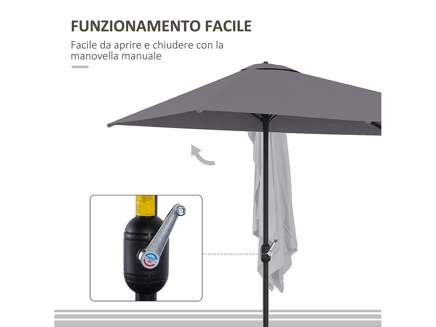 Ombrellone mezzaluna da parete con apertura a manovella grigio