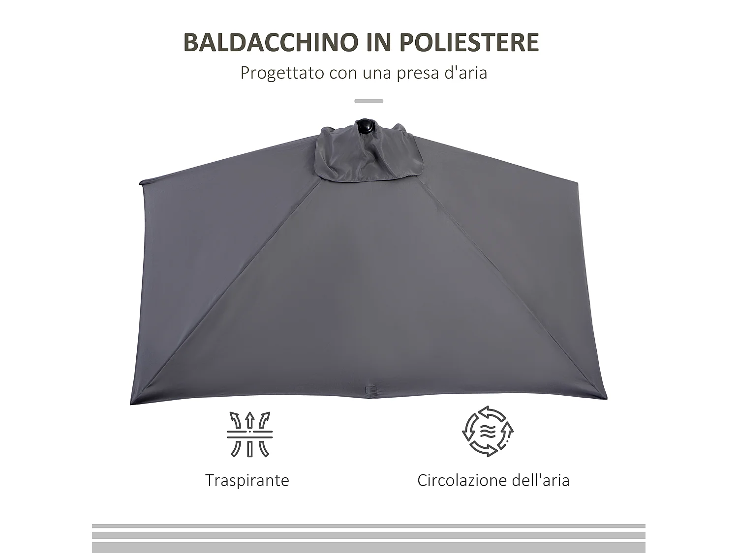 Ombrellone mezzaluna da parete con apertura a manovella grigio