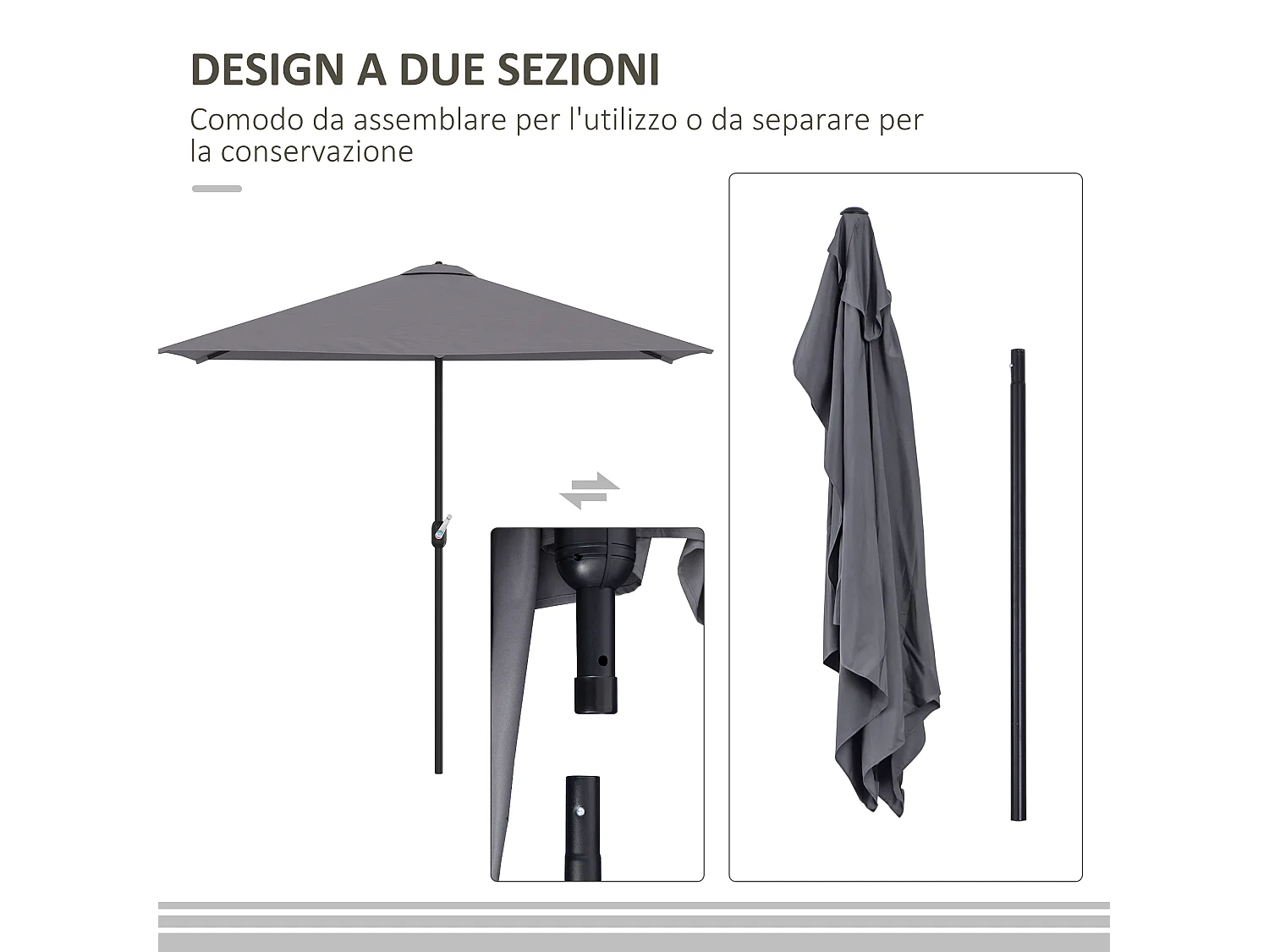 Ombrellone mezzaluna da parete con apertura a manovella grigio