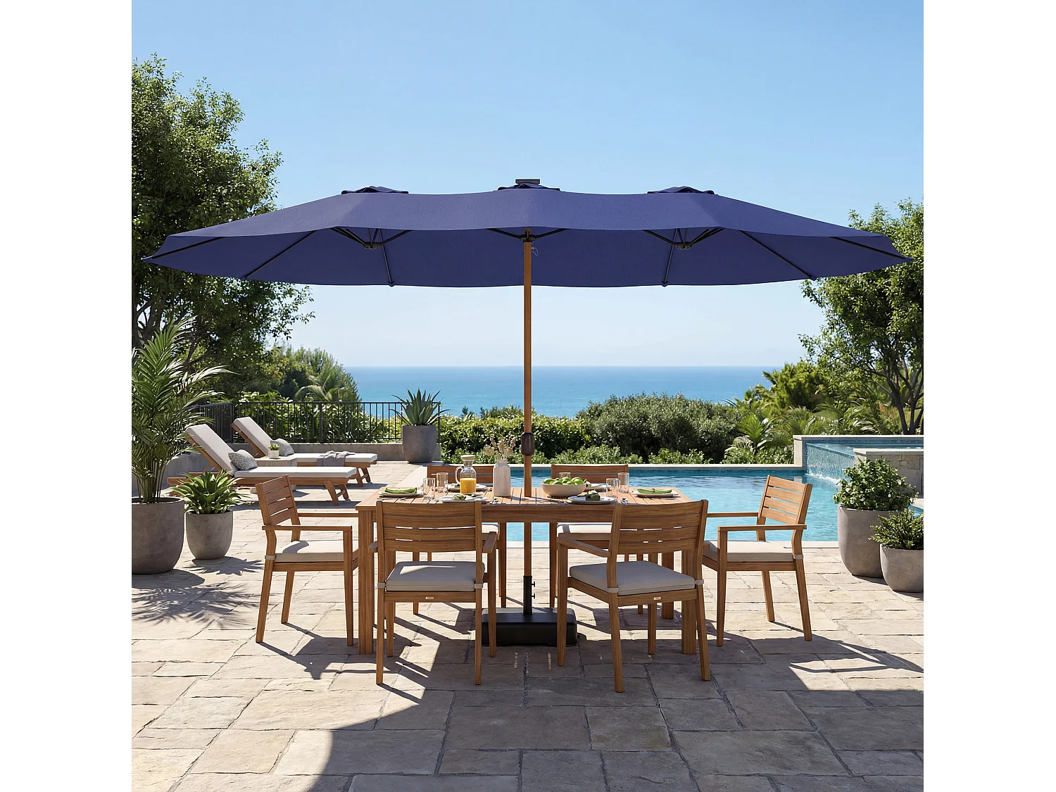 Ombrellone doppio da giardino con base a croce e sacchi blu scuro