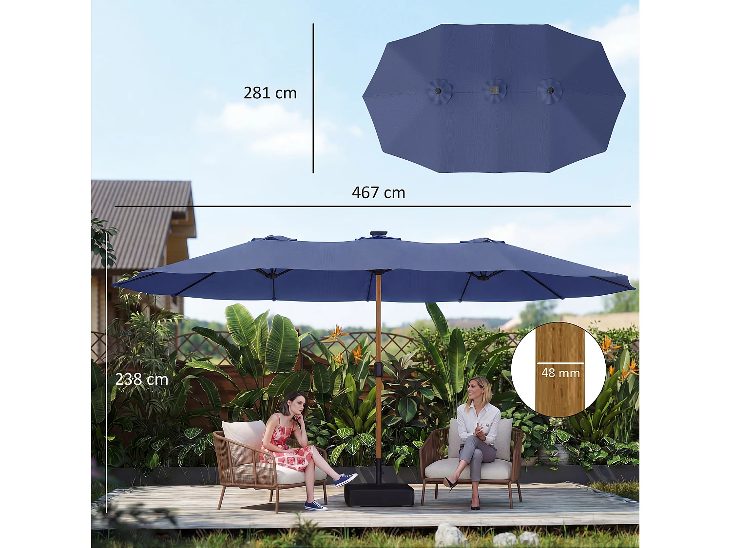 Ombrellone doppio da giardino con base a croce e sacchi blu scuro
