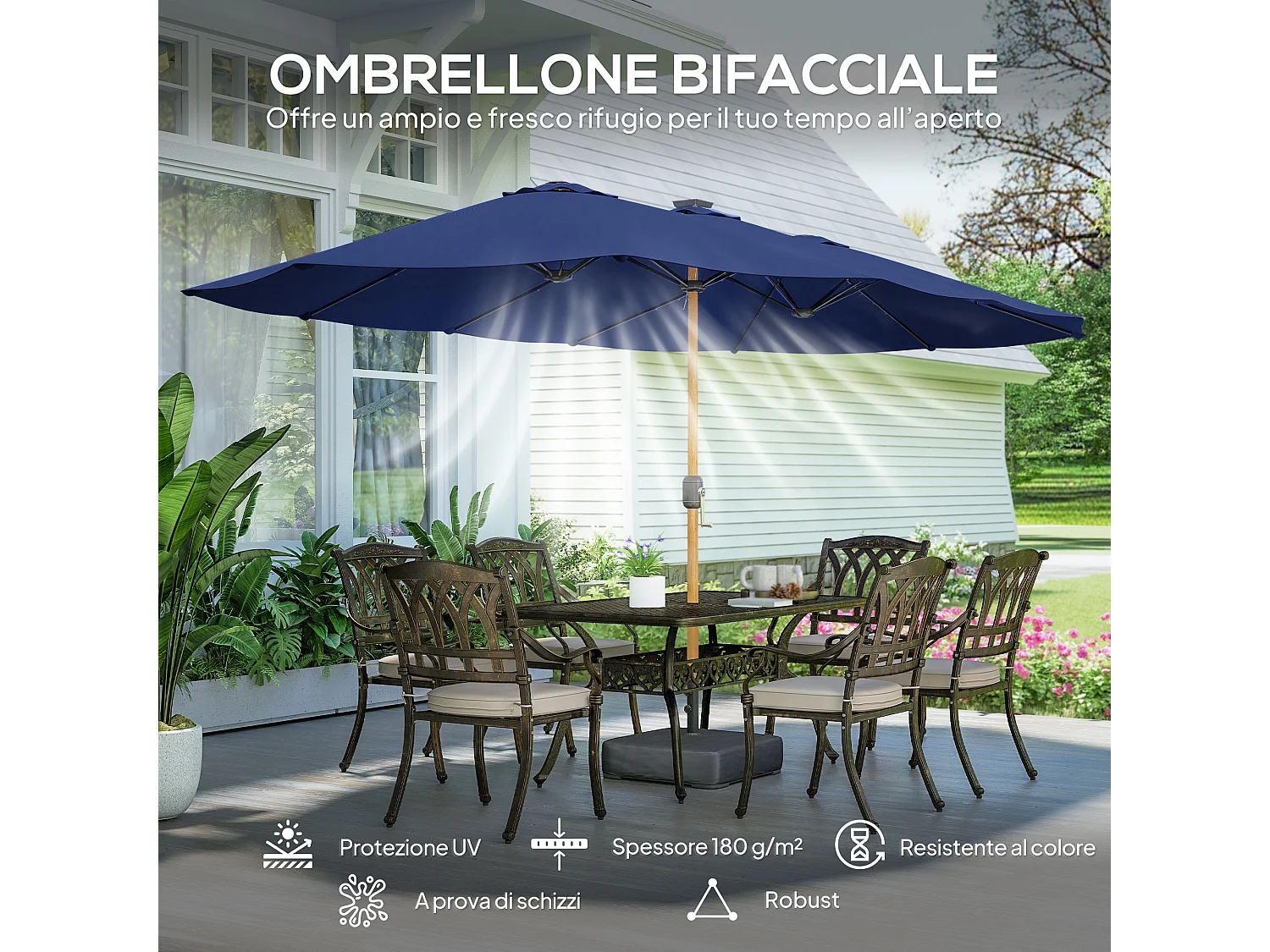 Ombrellone doppio da giardino con base a croce e sacchi blu scuro