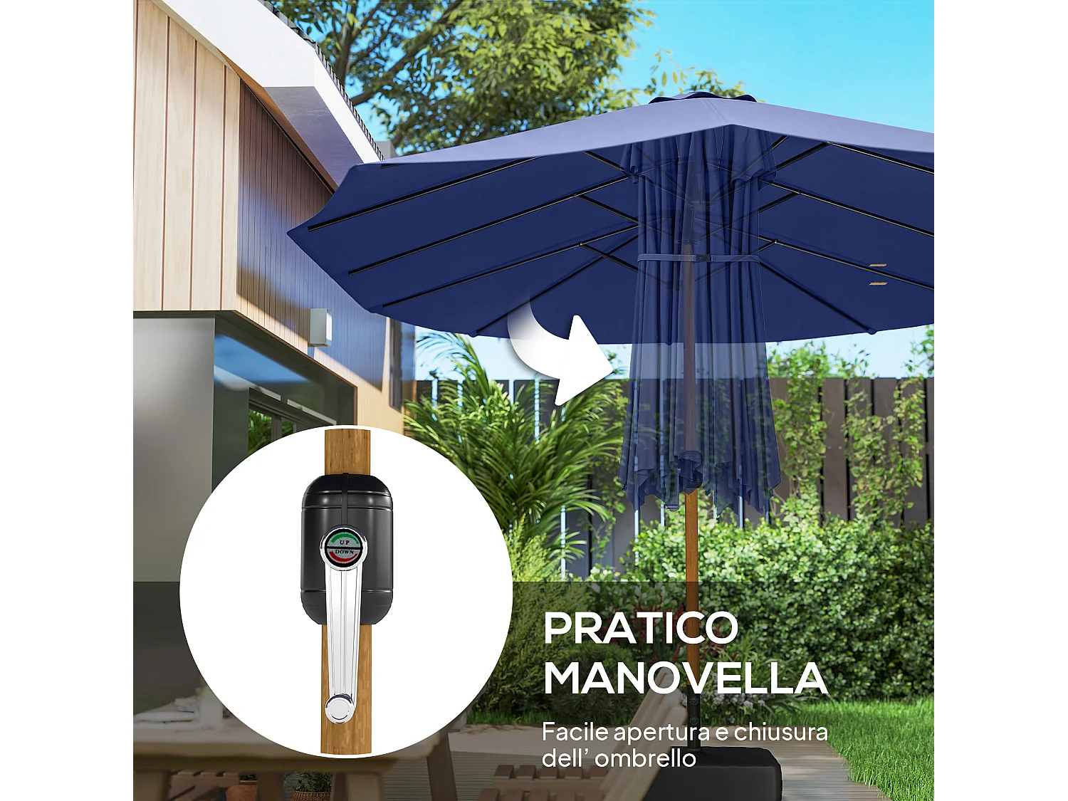 Ombrellone doppio da giardino con base a croce e sacchi blu scuro