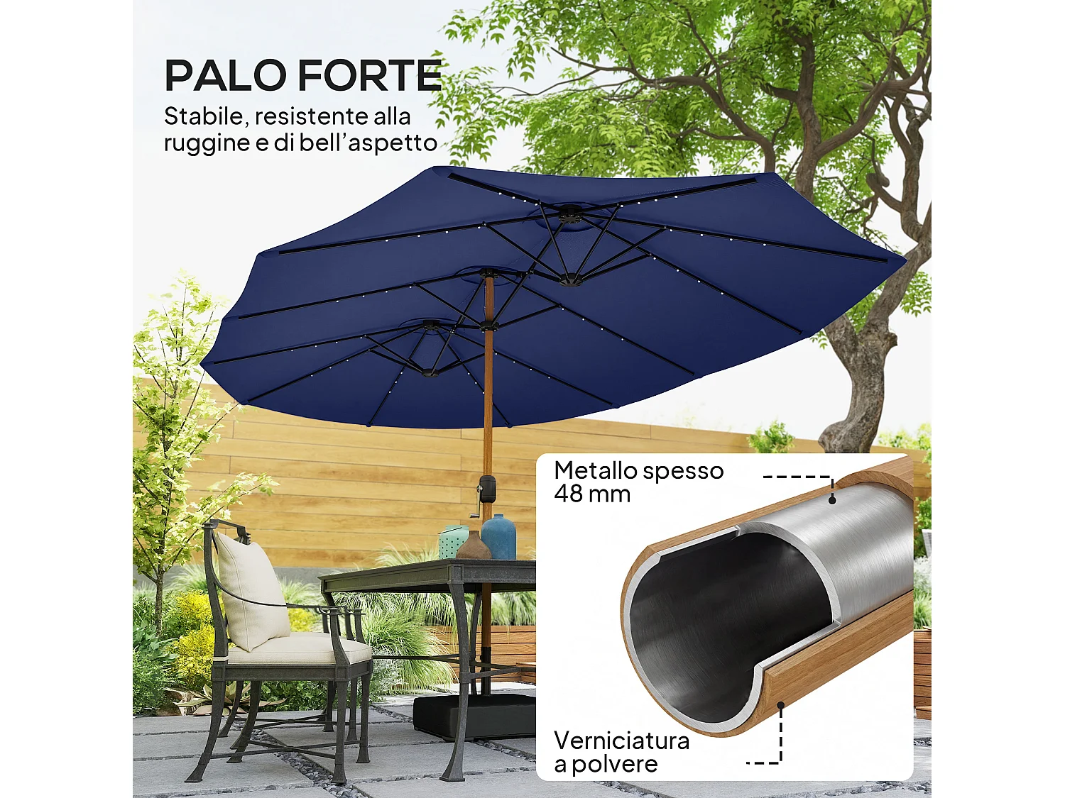 Ombrellone doppio da giardino con base a croce e sacchi blu scuro