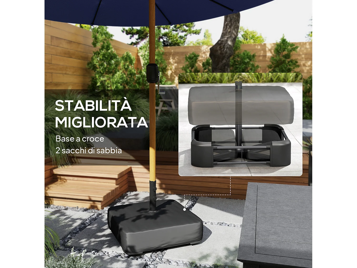 Ombrellone doppio da giardino con base a croce e sacchi blu scuro