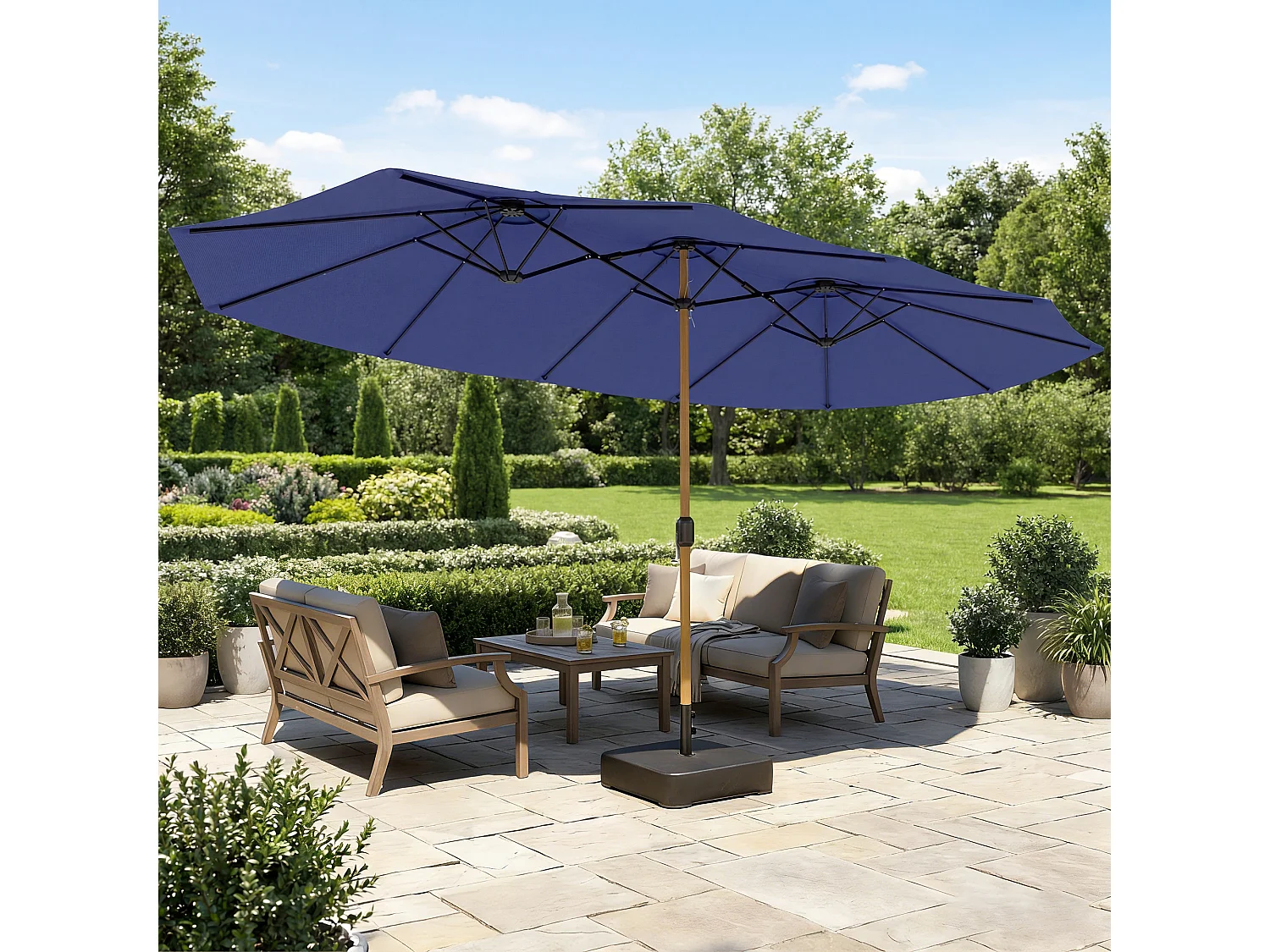 Ombrellone doppio da giardino con base a croce e sacchi blu scuro