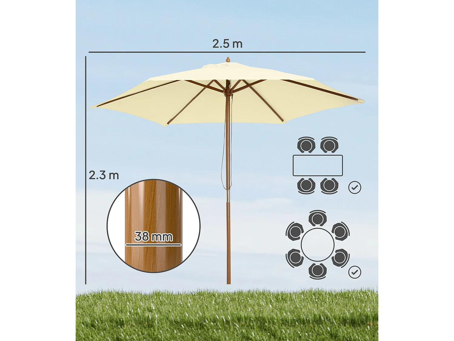 Ombrellone da giardino 6 stecche in legno poliestere 2.5x2.3m