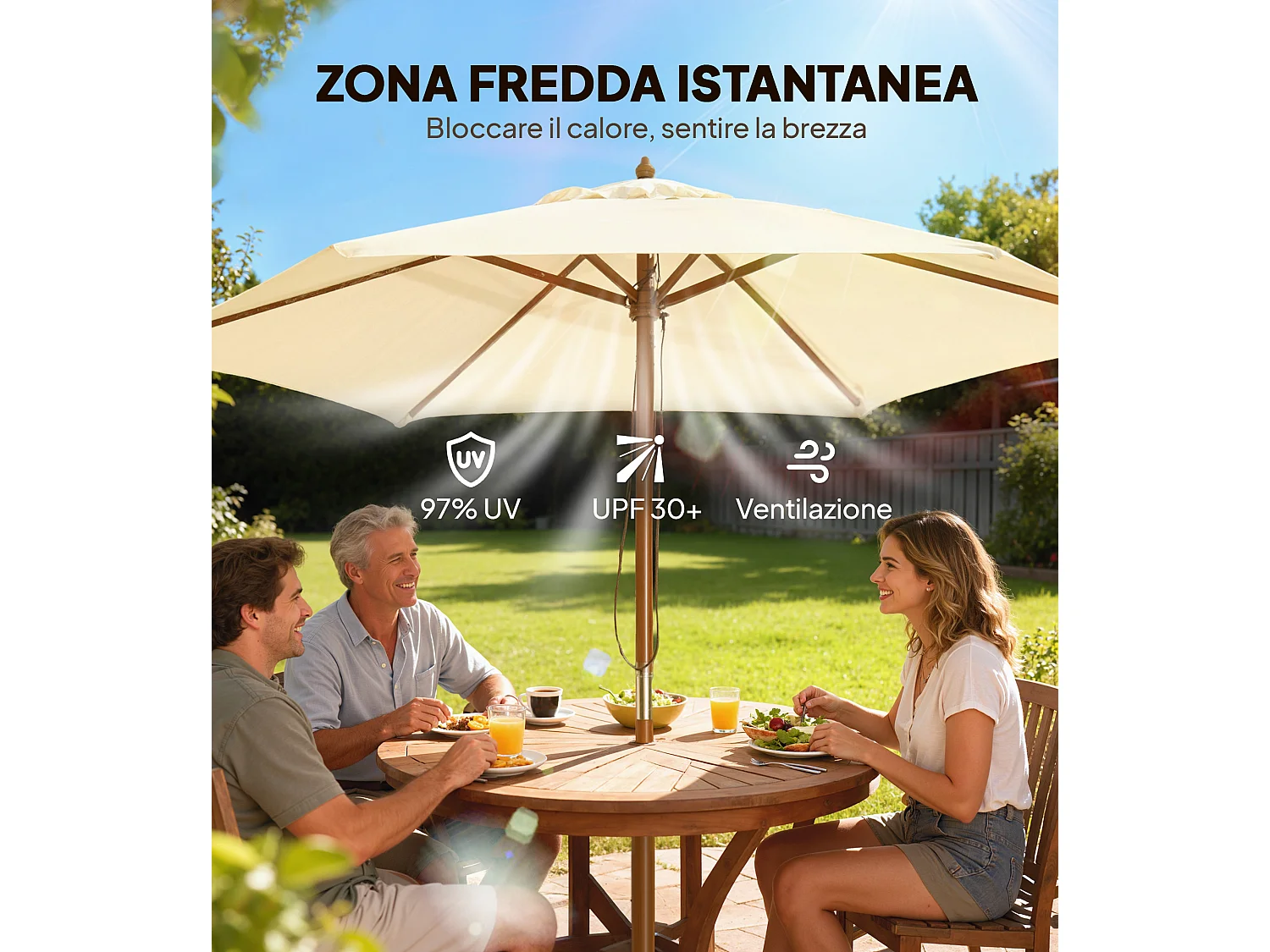 Ombrellone da giardino 6 stecche in legno poliestere 2.5x2.3m