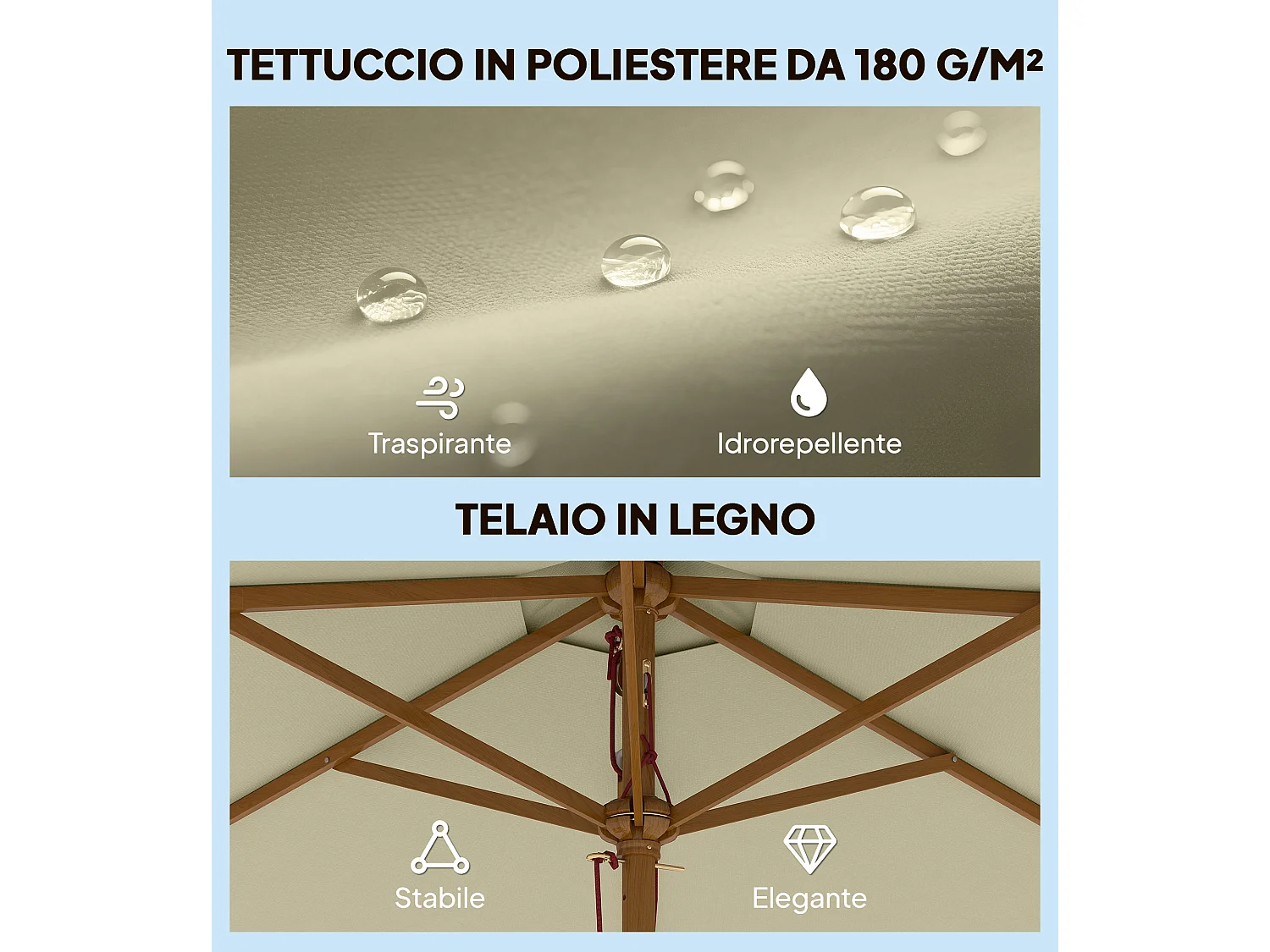 Ombrellone da giardino 6 stecche in legno poliestere 2.5x2.3m