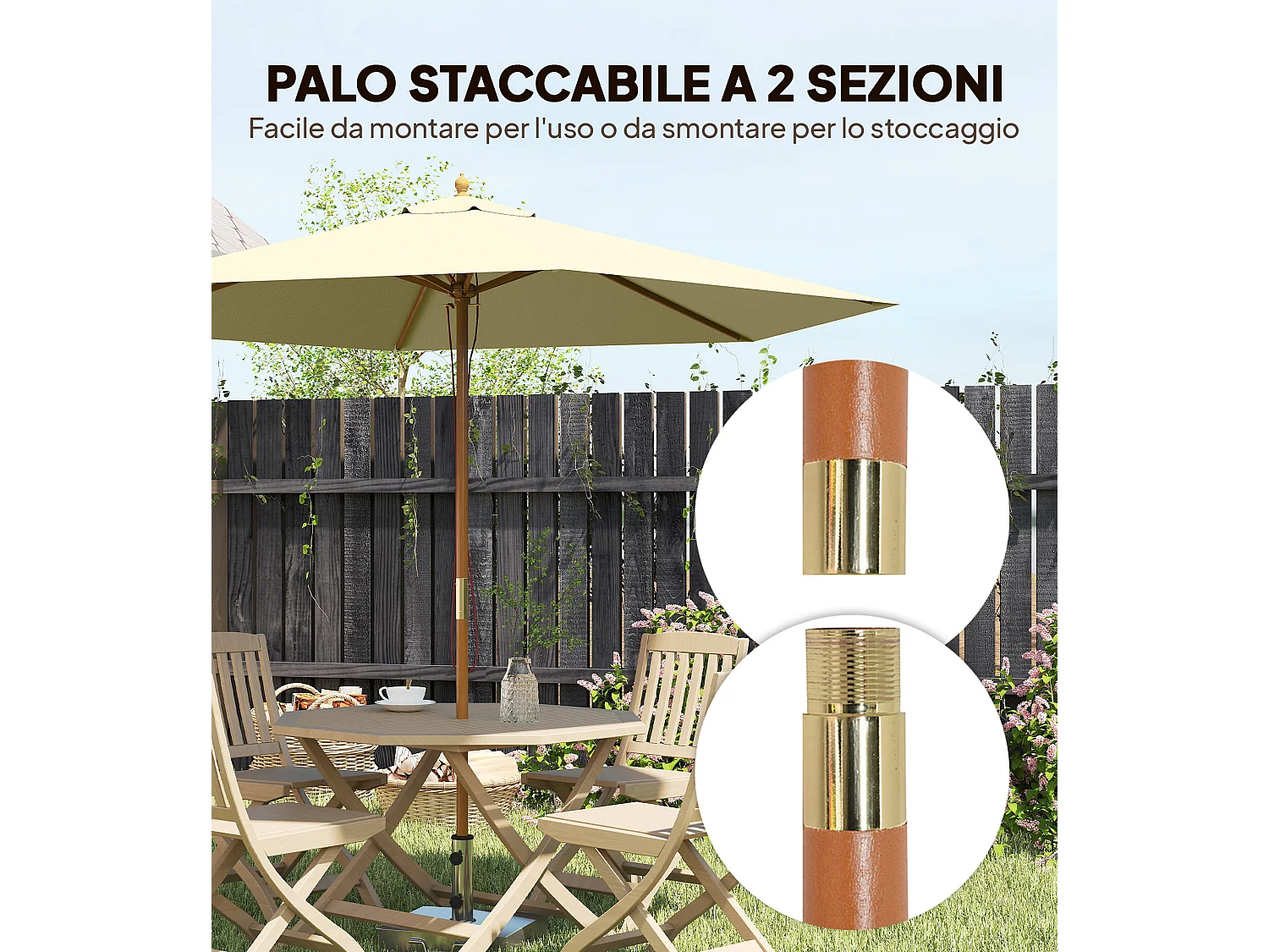 Ombrellone da giardino 6 stecche in legno poliestere 2.5x2.3m