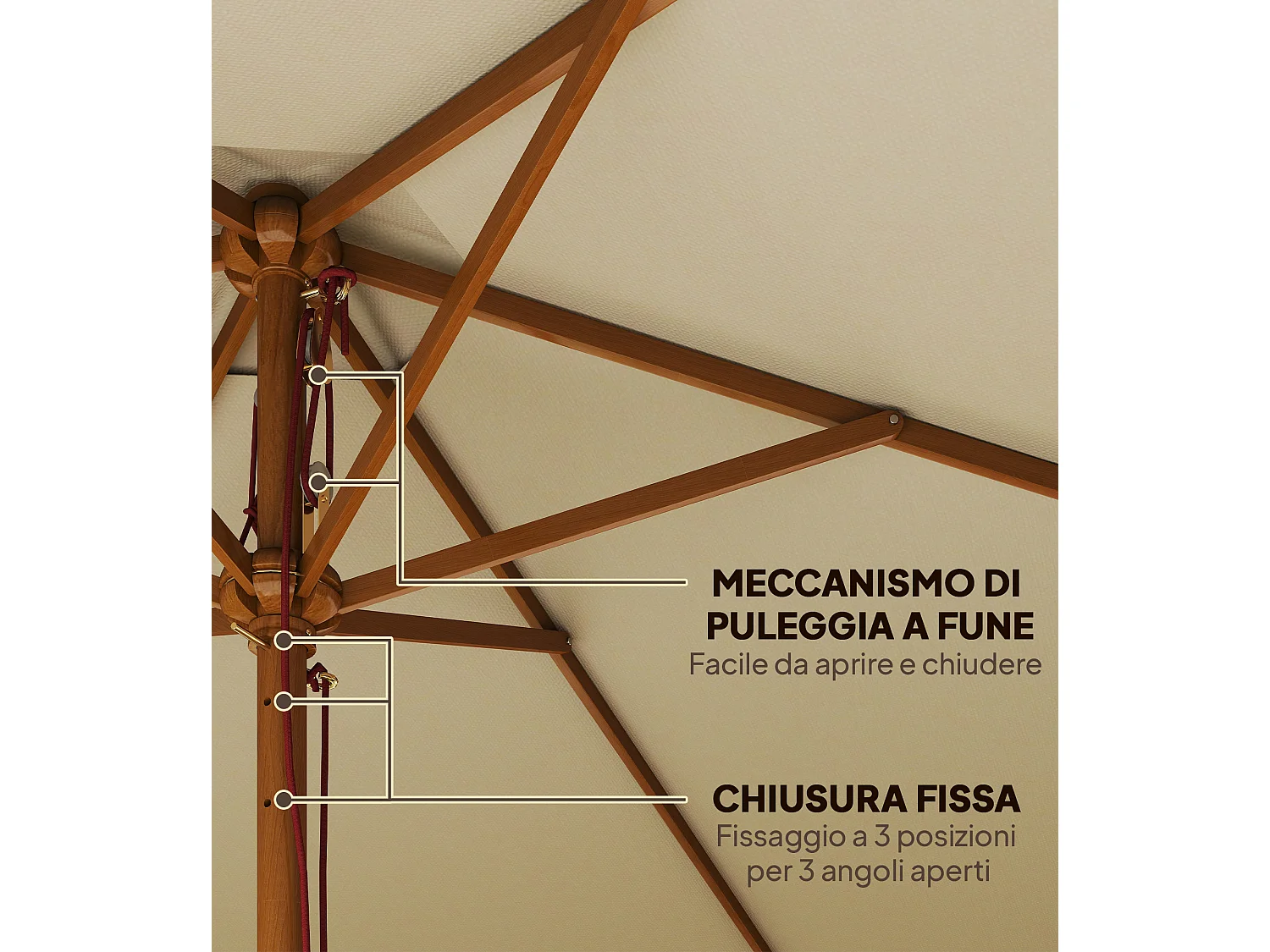 Ombrellone da giardino 6 stecche in legno poliestere 2.5x2.3m