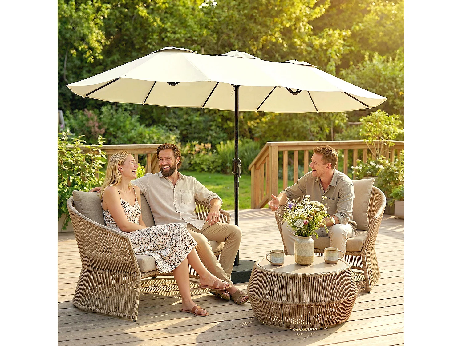 Ombrellone doppio con base a croce e sacchi beige