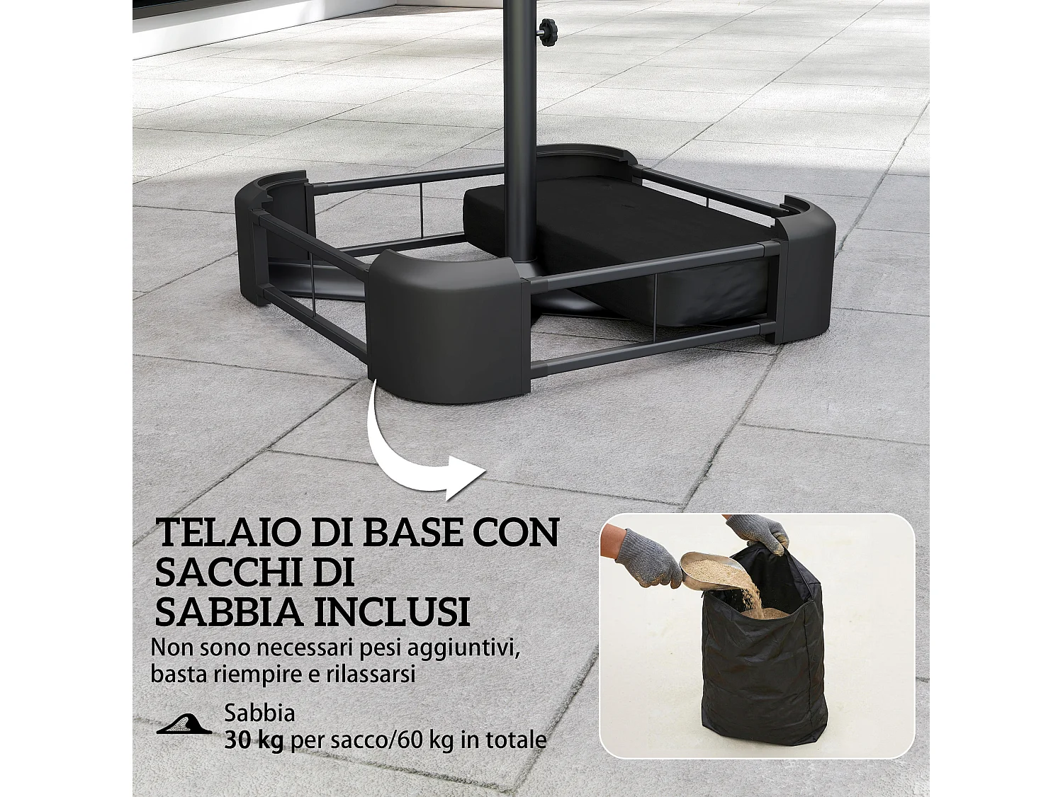 Ombrellone doppio con base a croce e sacchi beige