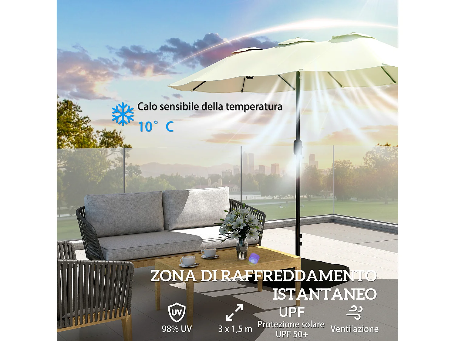 Ombrellone doppio con base a croce e sacchi beige