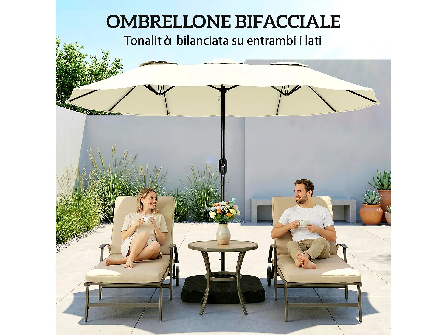 Ombrellone doppio con base a croce e sacchi beige