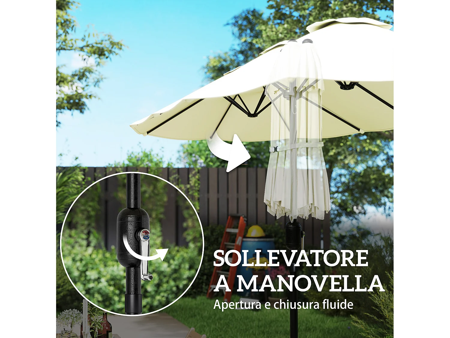 Ombrellone doppio con base a croce e sacchi beige