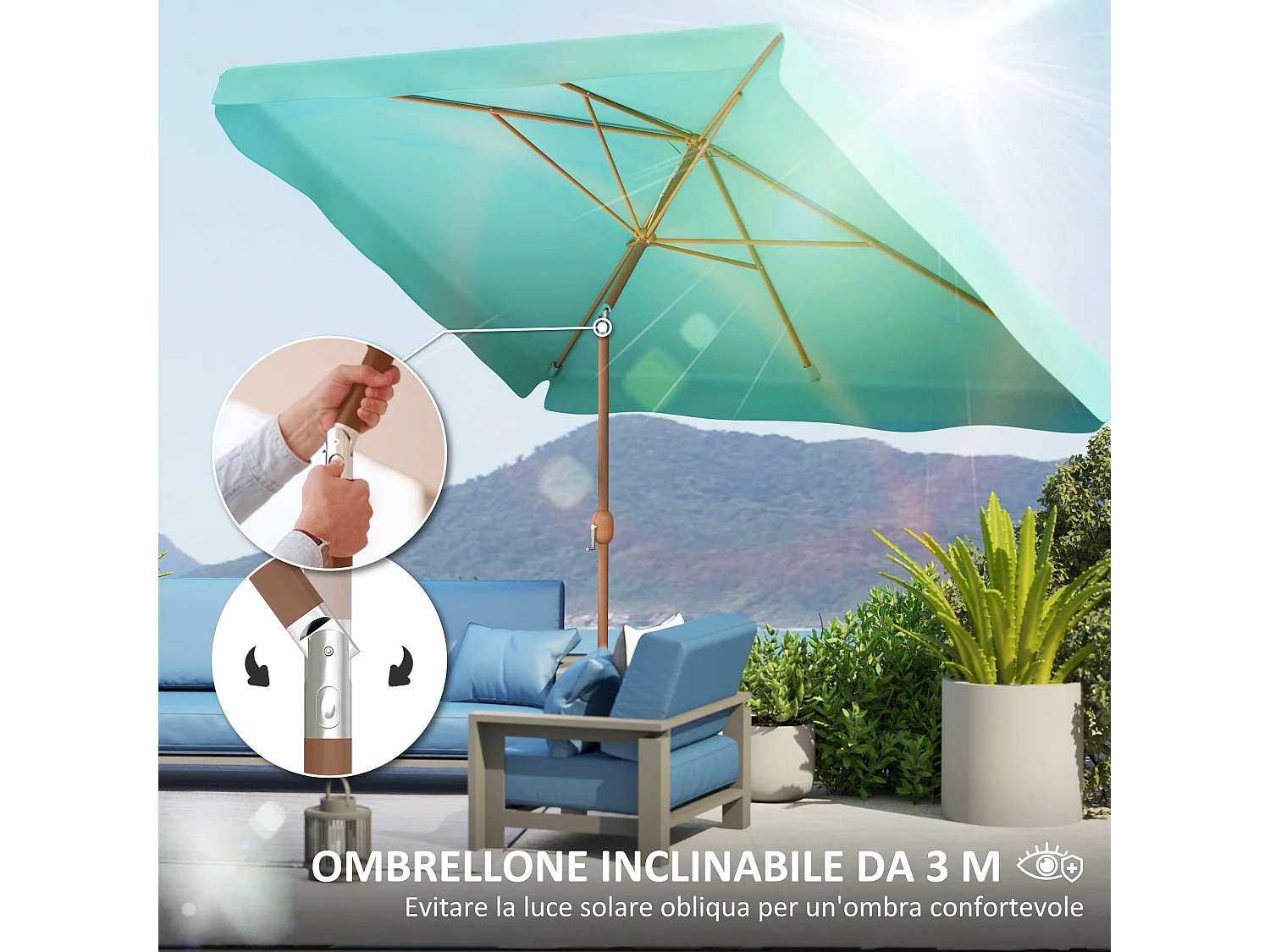 Ombrellone da giardino 2x3 m con apertura a manovella turchese