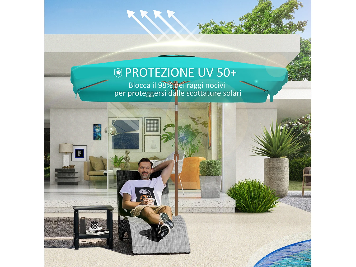 Ombrellone da giardino 2x3 m con apertura a manovella turchese