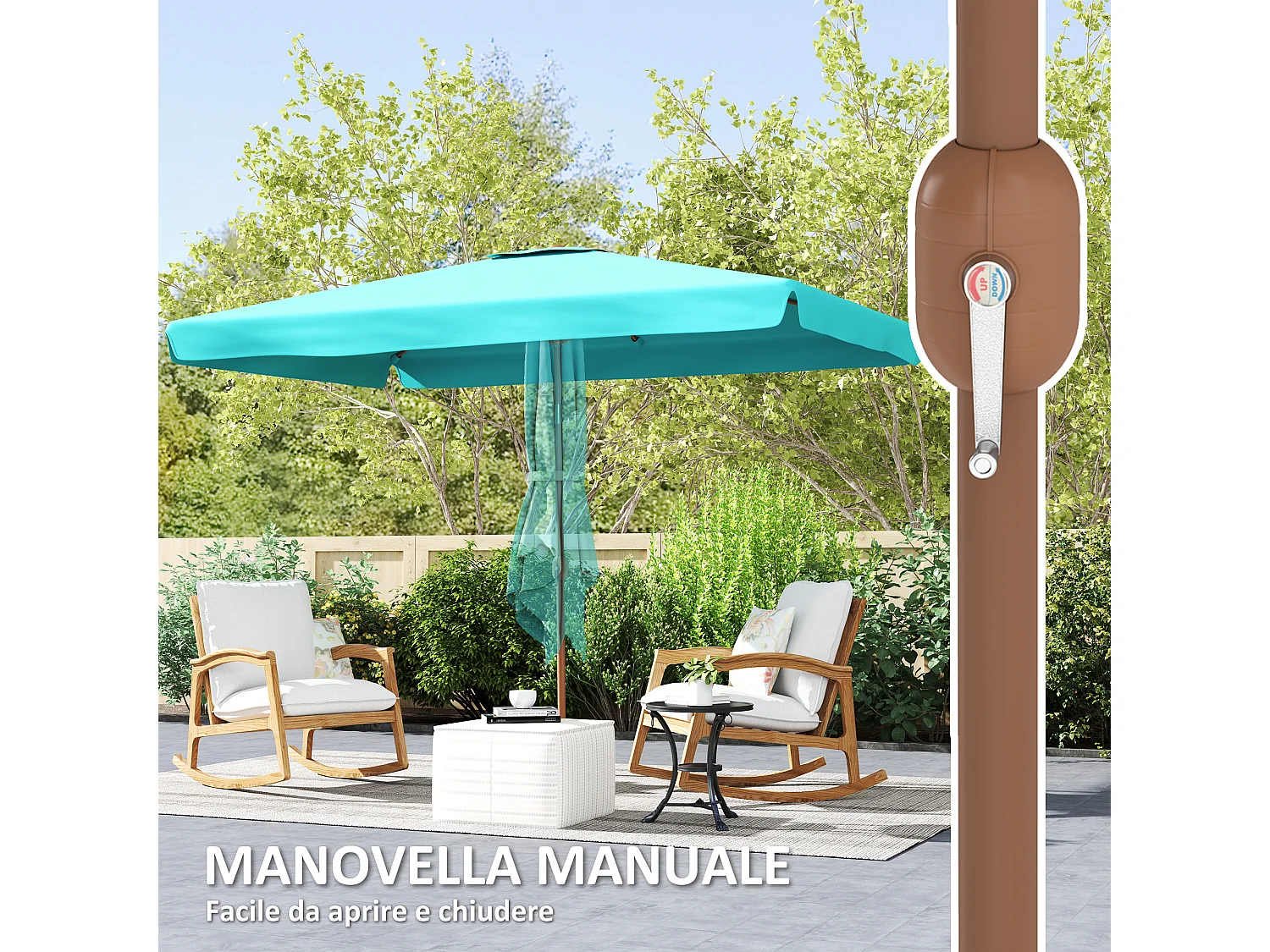 Ombrellone da giardino 2x3 m con apertura a manovella turchese