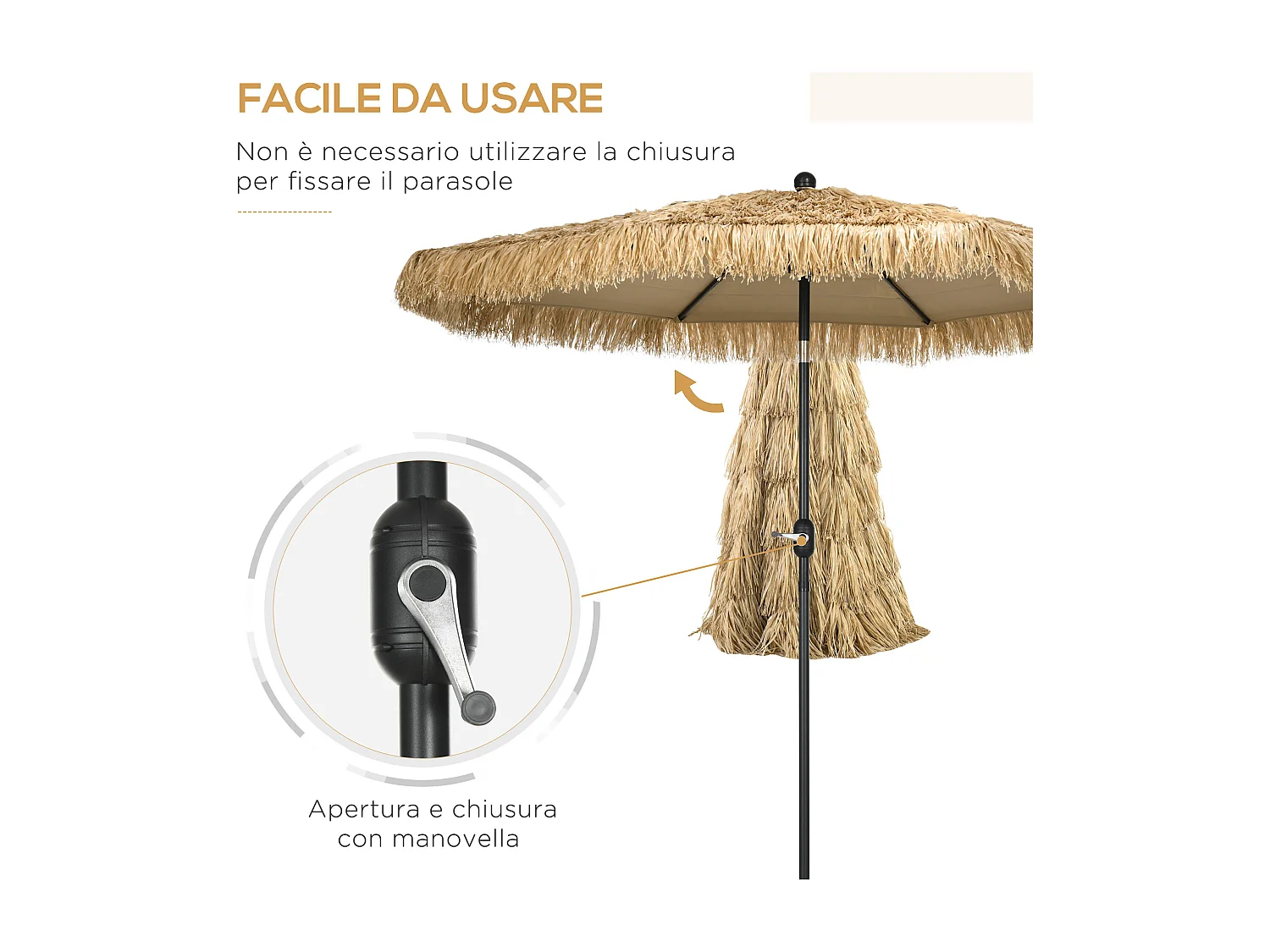 Ombrellone da giardino in paglia con manovella ø265cm