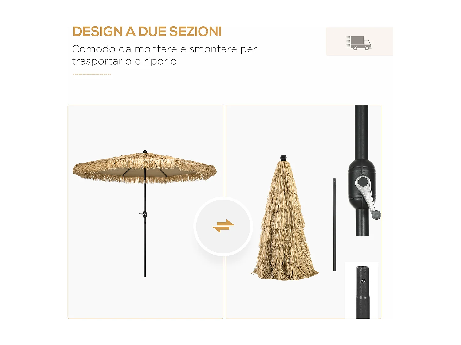 Ombrellone da giardino in paglia con manovella ø265cm