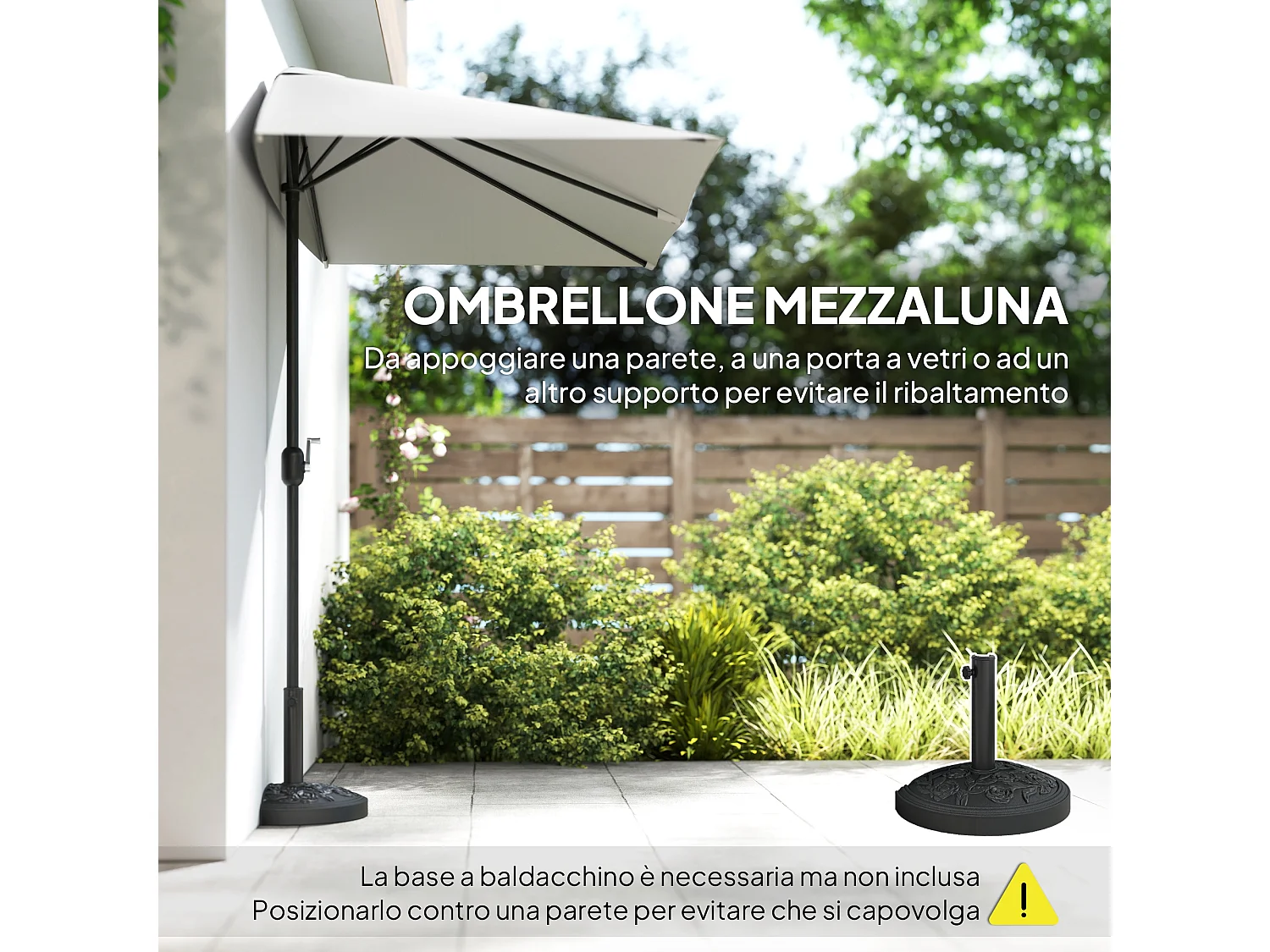 Ombrellone mezzaluna da parete con apertura a manovella crema