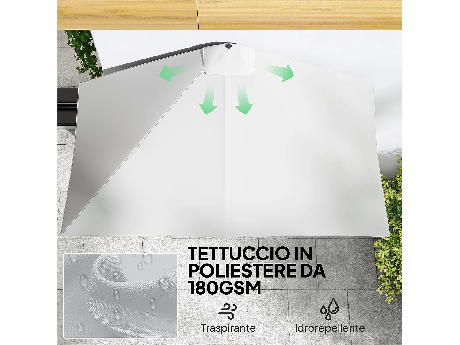 Ombrellone mezzaluna da parete con apertura a manovella crema