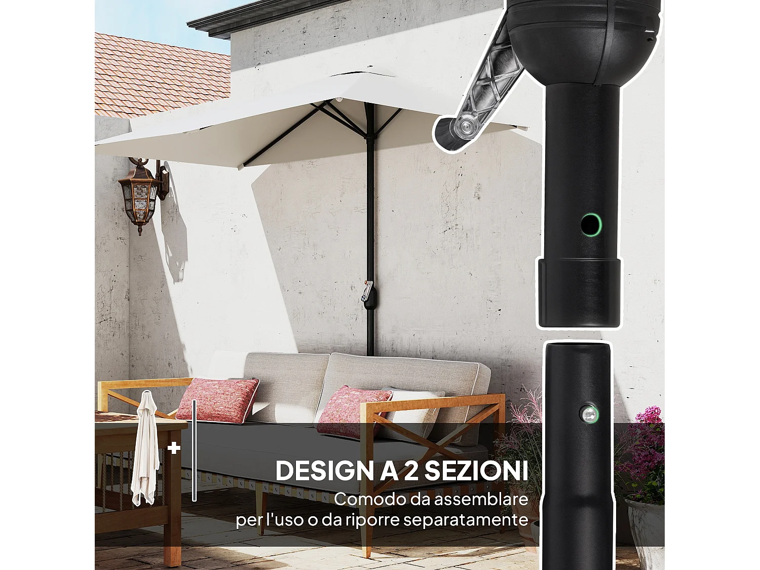 Ombrellone mezzaluna da parete con apertura a manovella crema