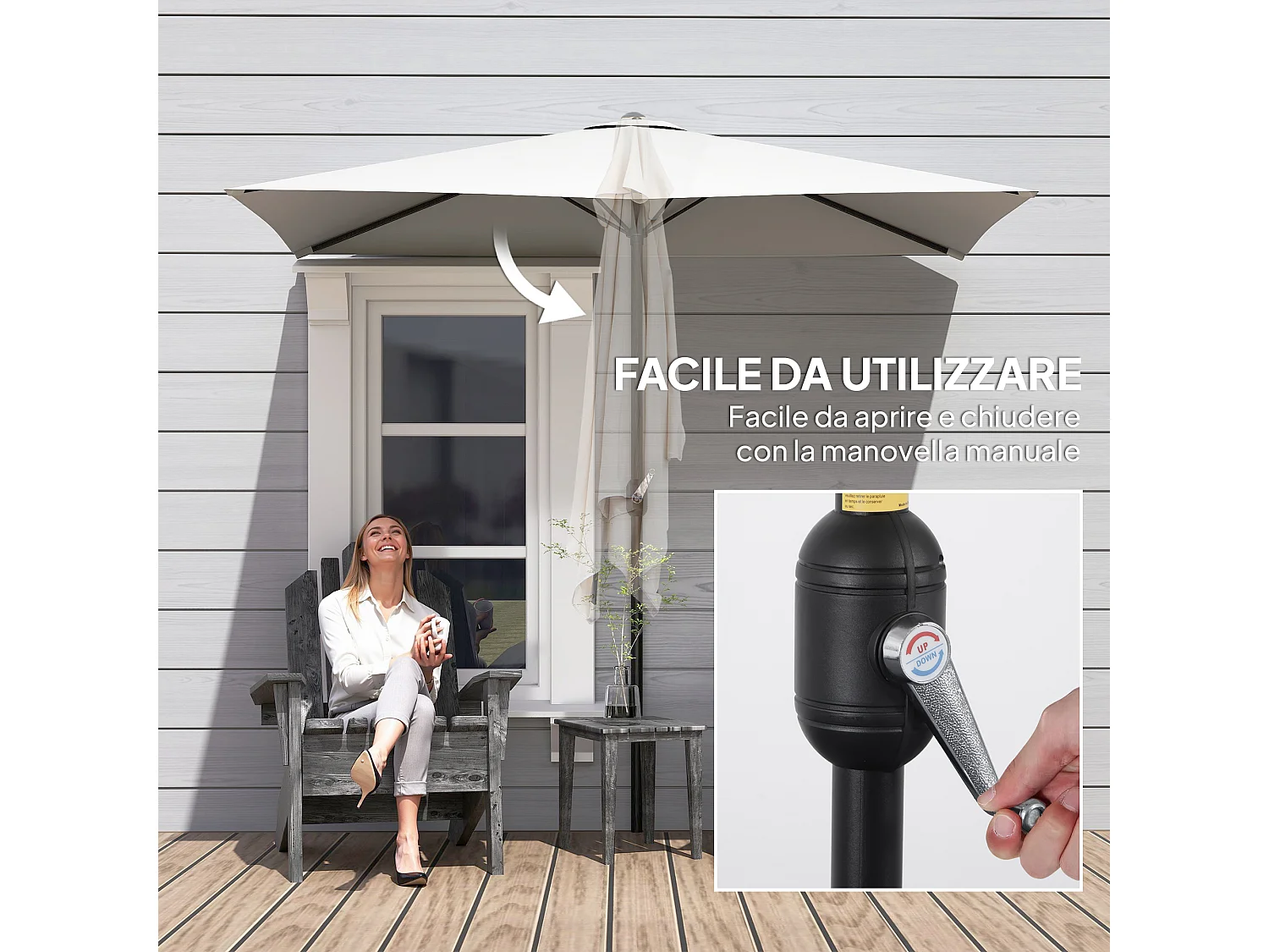 Ombrellone mezzaluna da parete con apertura a manovella crema