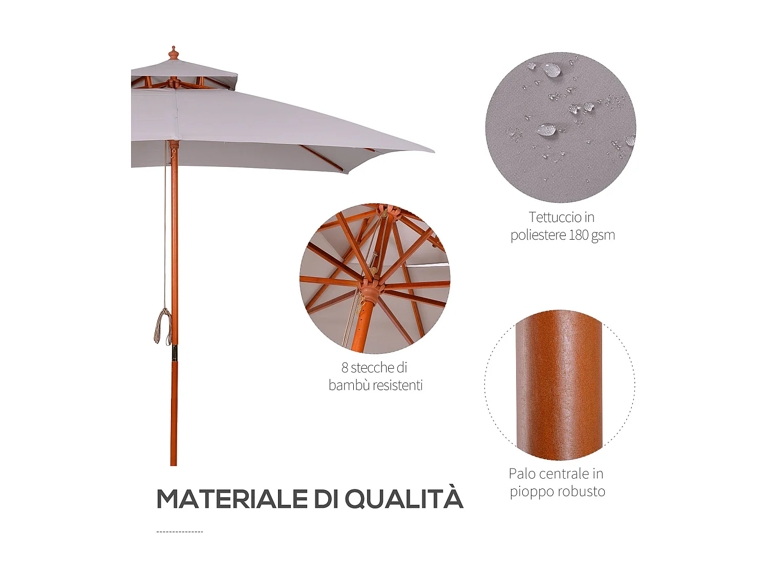 Ombrellone da giardino 3x3m a 8 stecche copertura a 2 livelli grigio